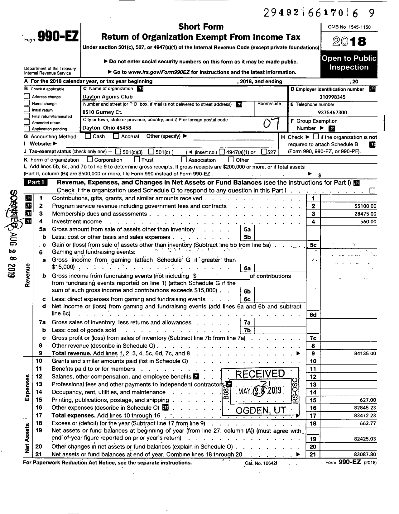 Image of first page of 2018 Form 990EO for Dayton Agonis Club