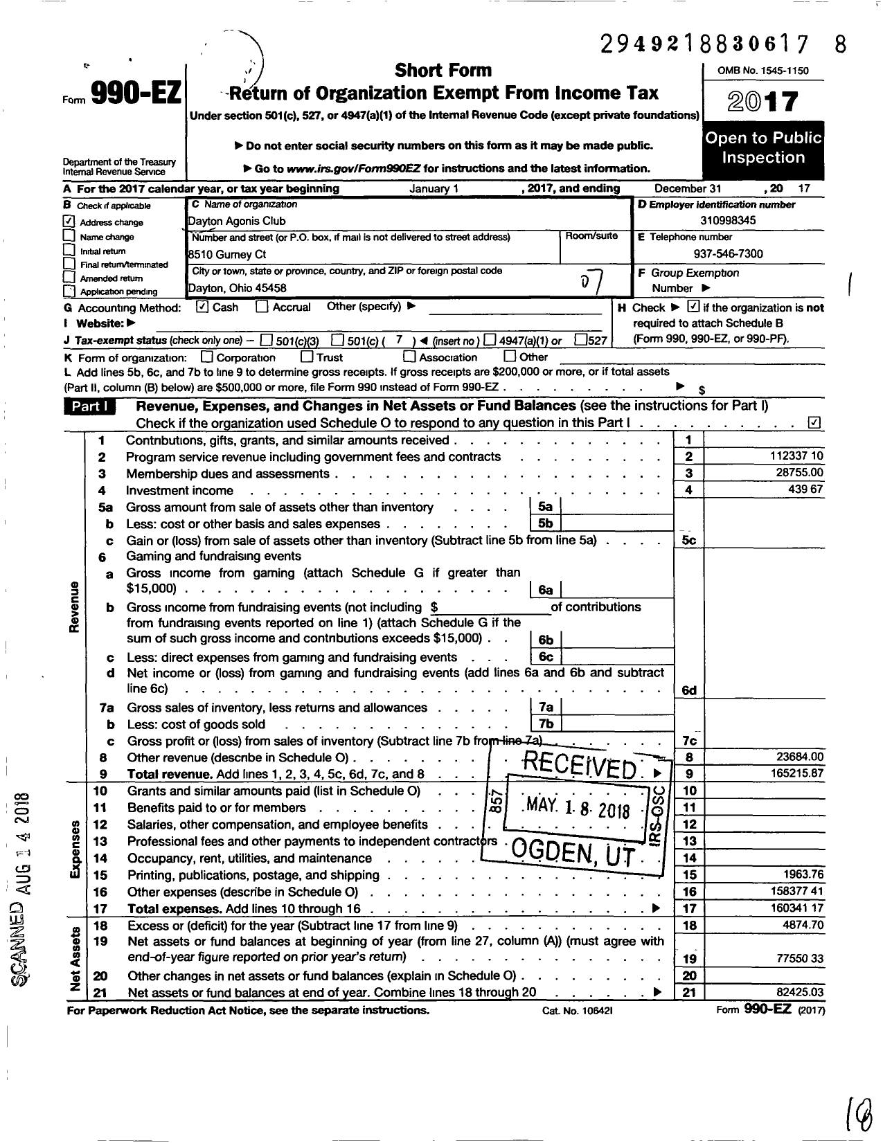 Image of first page of 2017 Form 990EO for Dayton Agonis Club