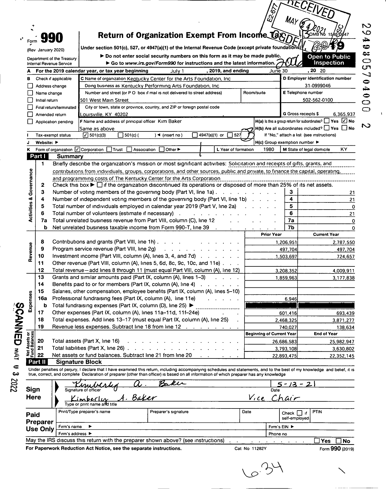 Image of first page of 2019 Form 990 for Kentucky Performing Arts Foundation