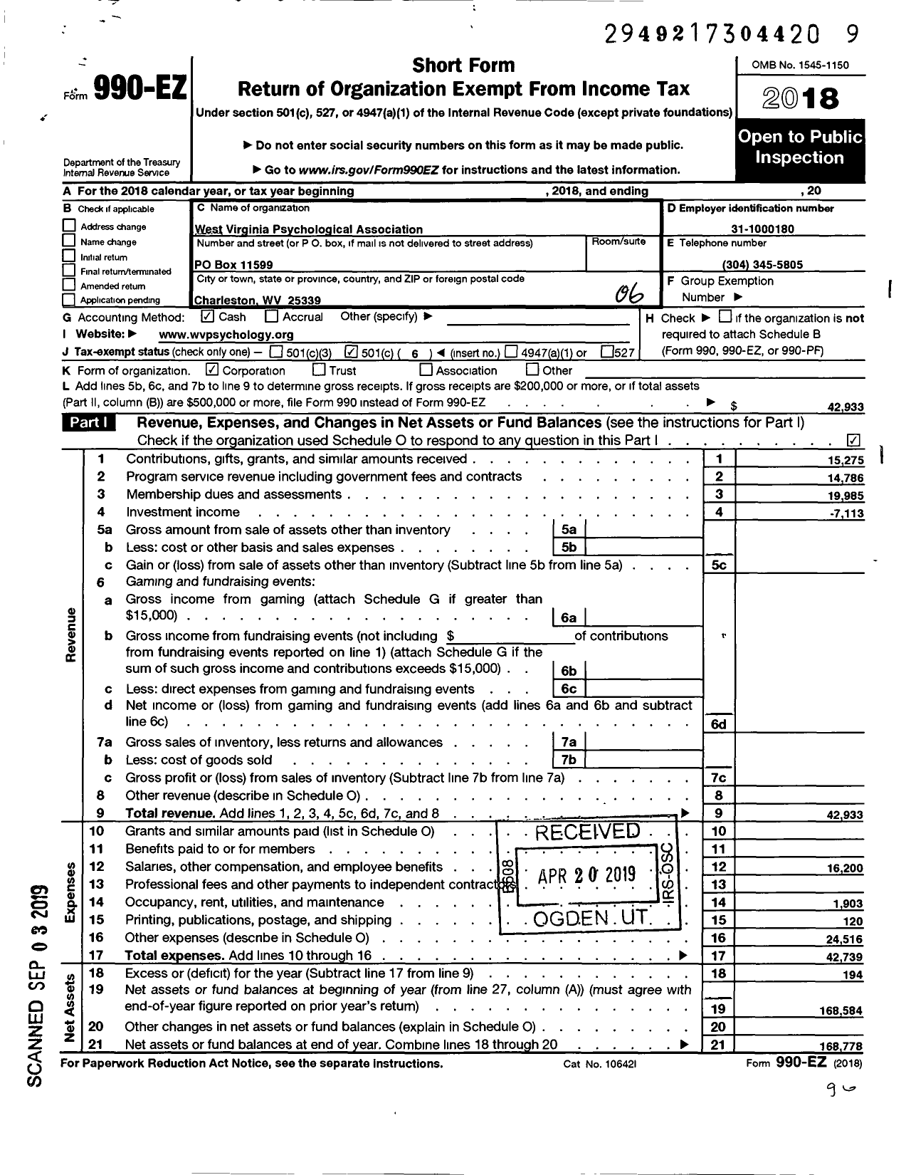 Image of first page of 2018 Form 990EO for West Virginia Psychological Association