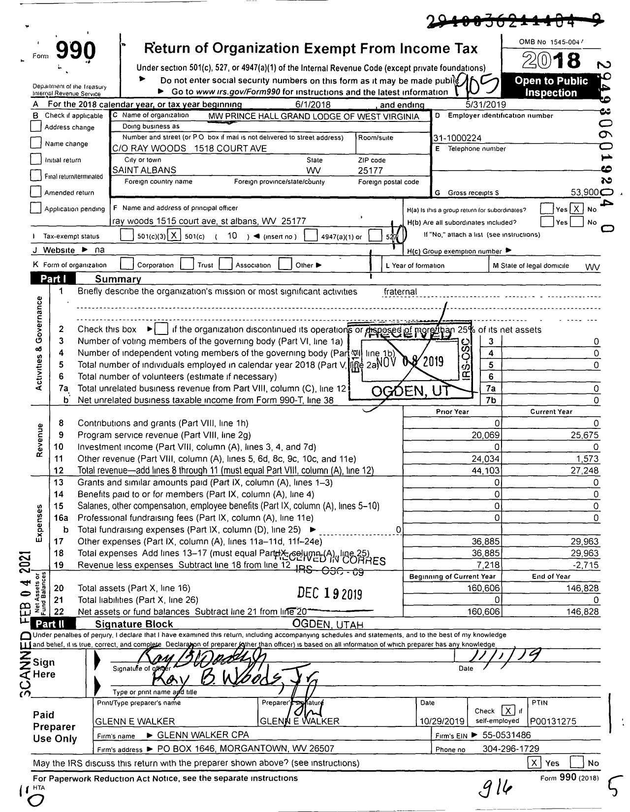 Image of first page of 2018 Form 990O for M W Prince Hall Grand Lodge of West Virginia F and Am