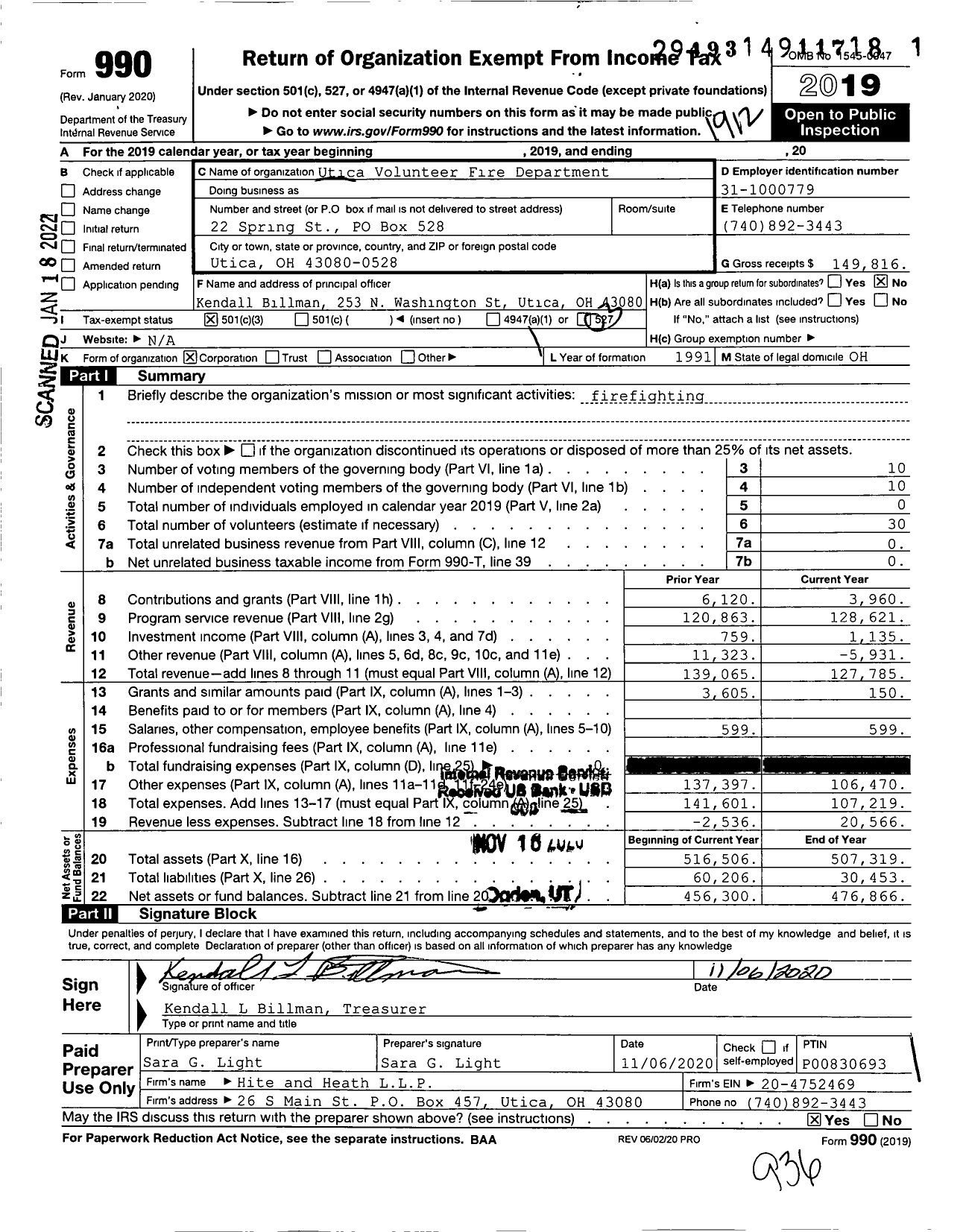 Image of first page of 2019 Form 990 for Utica Volunteer Fire Department