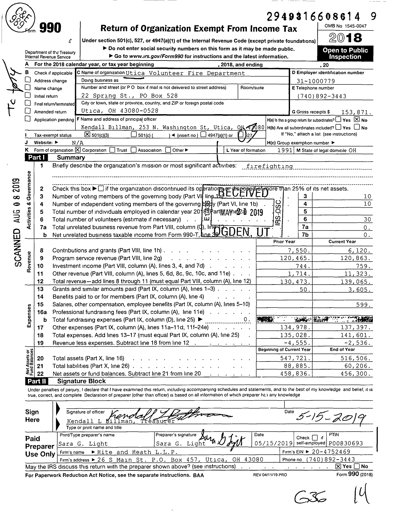 Image of first page of 2018 Form 990 for Utica Volunteer Fire Department