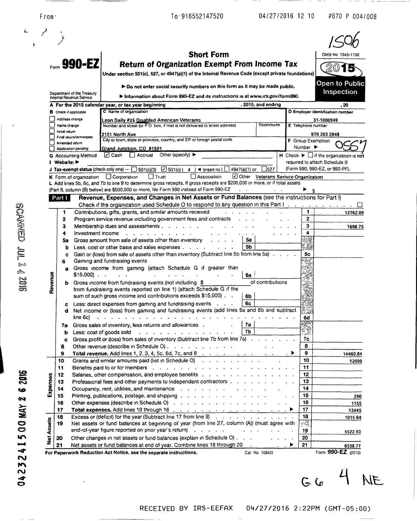 Image of first page of 2014 Form 990EO for Disabled American Veterans - 25 Leon Daily