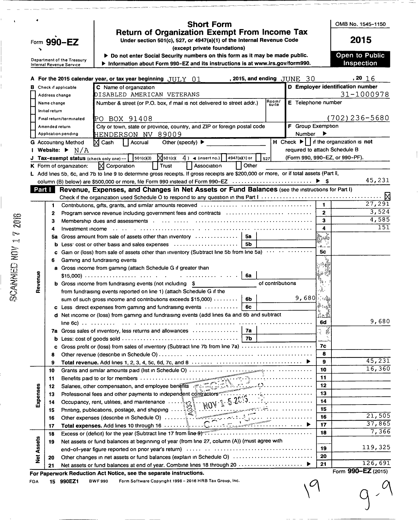 Image of first page of 2015 Form 990EO for Black Mountain Chapter 12 Nevada Disabled American Veterans