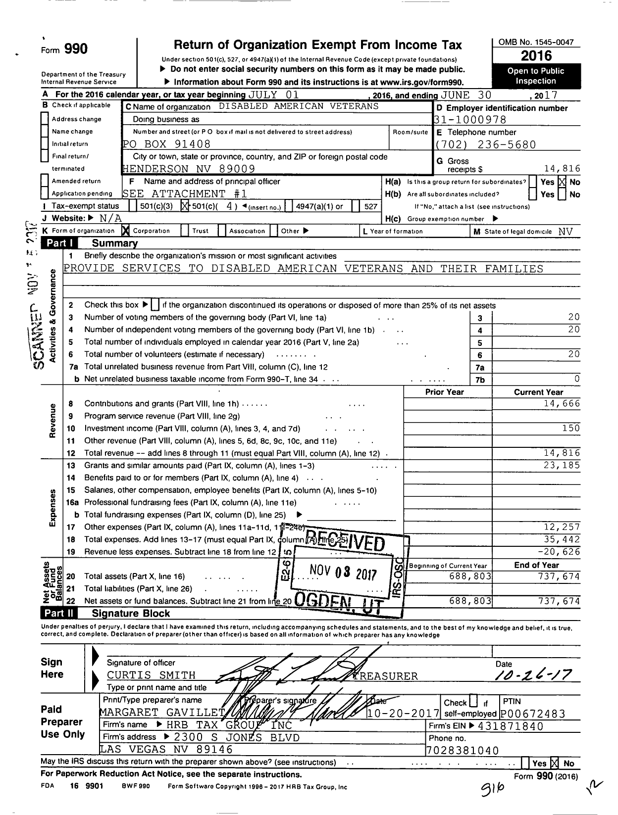 Image of first page of 2016 Form 990O for Black Mountain Chapter 12 Nevada Disabled American Veterans