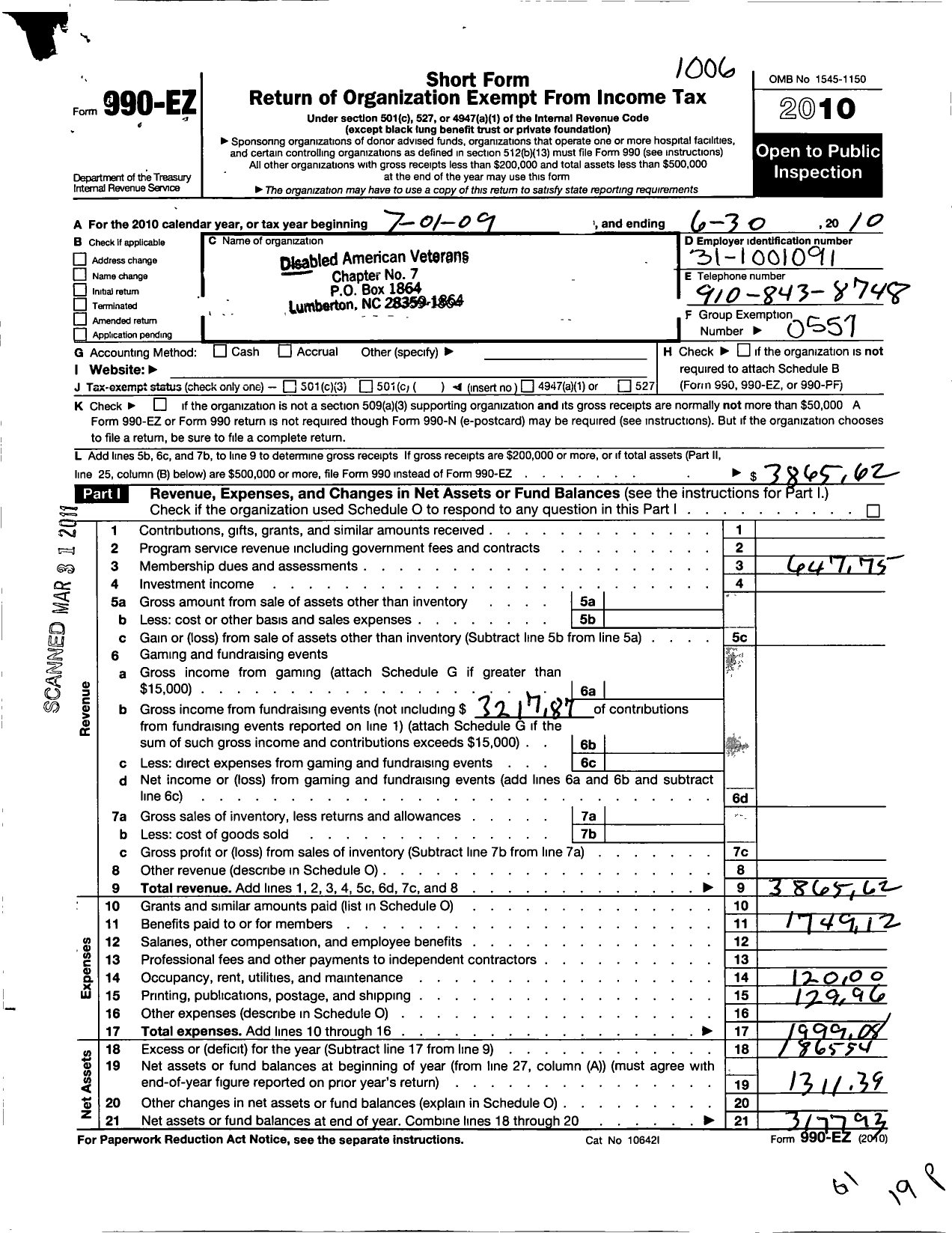 Image of first page of 2009 Form 990EO for Disabled American Veterans - 7 Lumberton