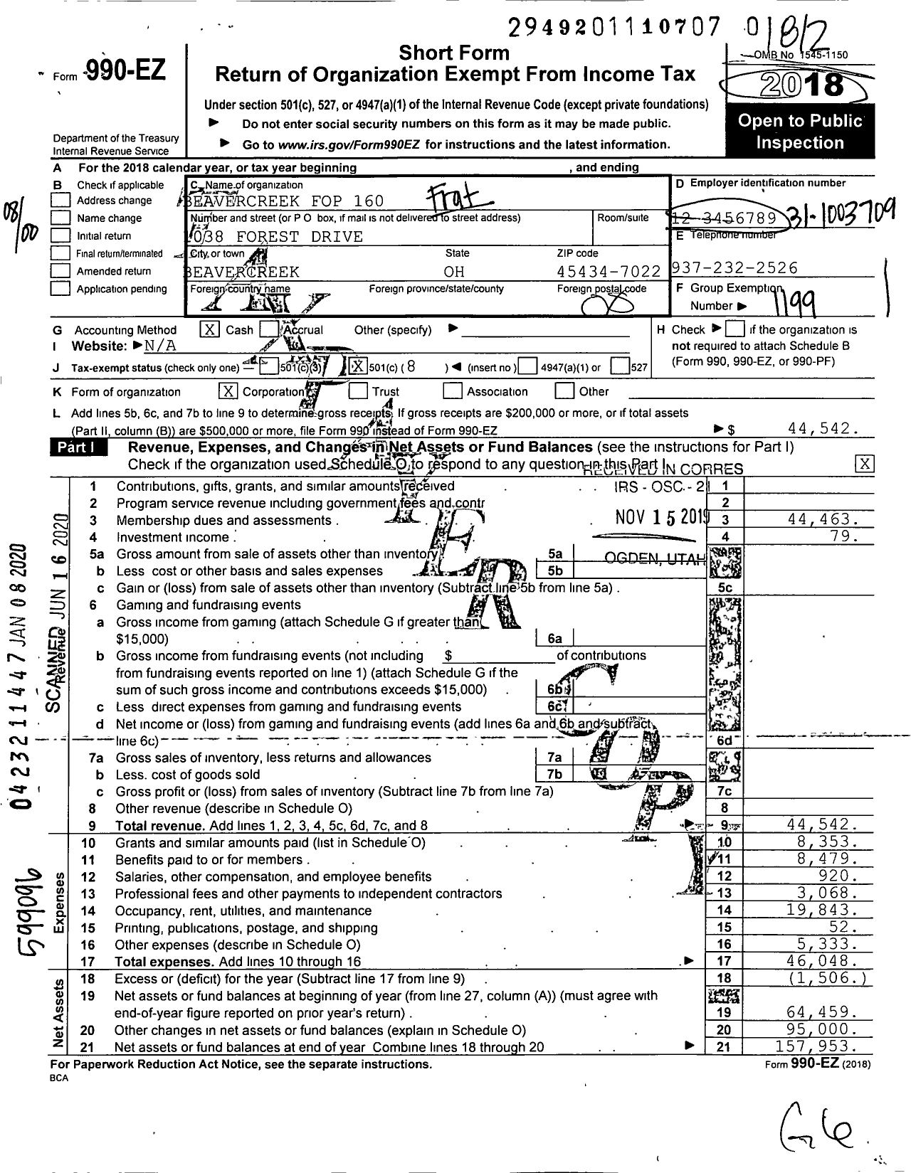 Image of first page of 2018 Form 990EO for FRATERNAL ORDER OF POLICE - 160 Beavercreek Lodge