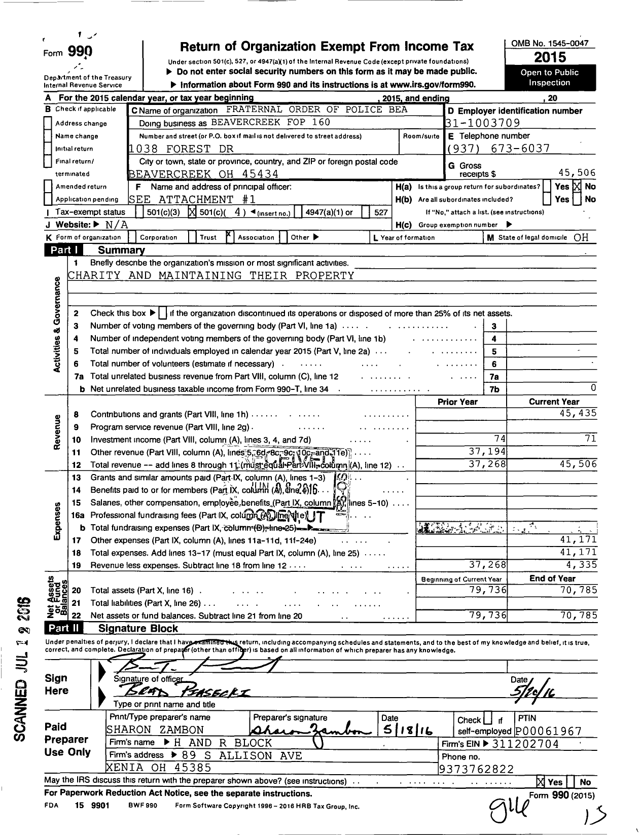 Image of first page of 2015 Form 990O for FRATERNAL ORDER OF POLICE - 160 Beavercreek Lodge