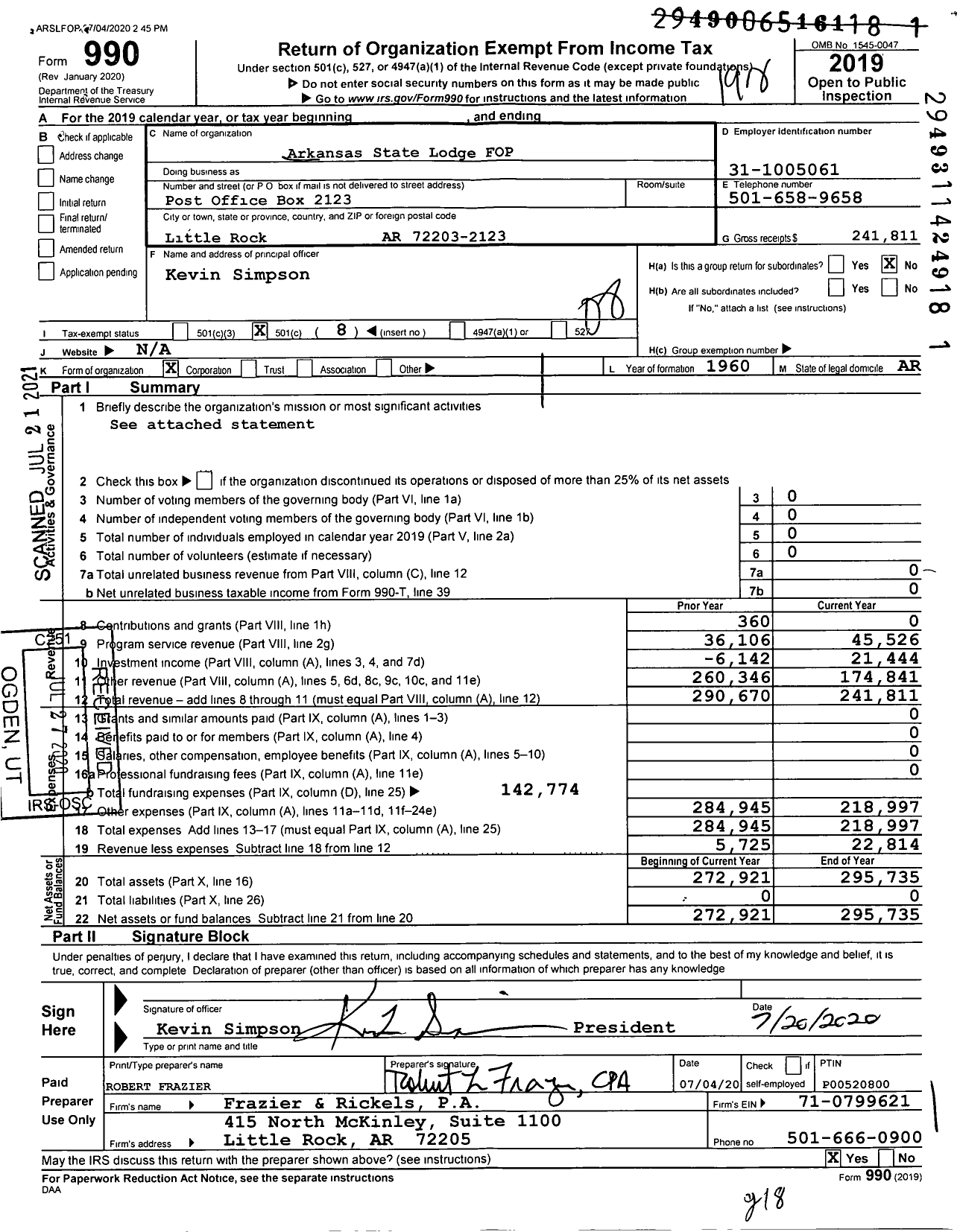 Image of first page of 2019 Form 990O for Fraternal Order of Police - Arkansas State Lodge