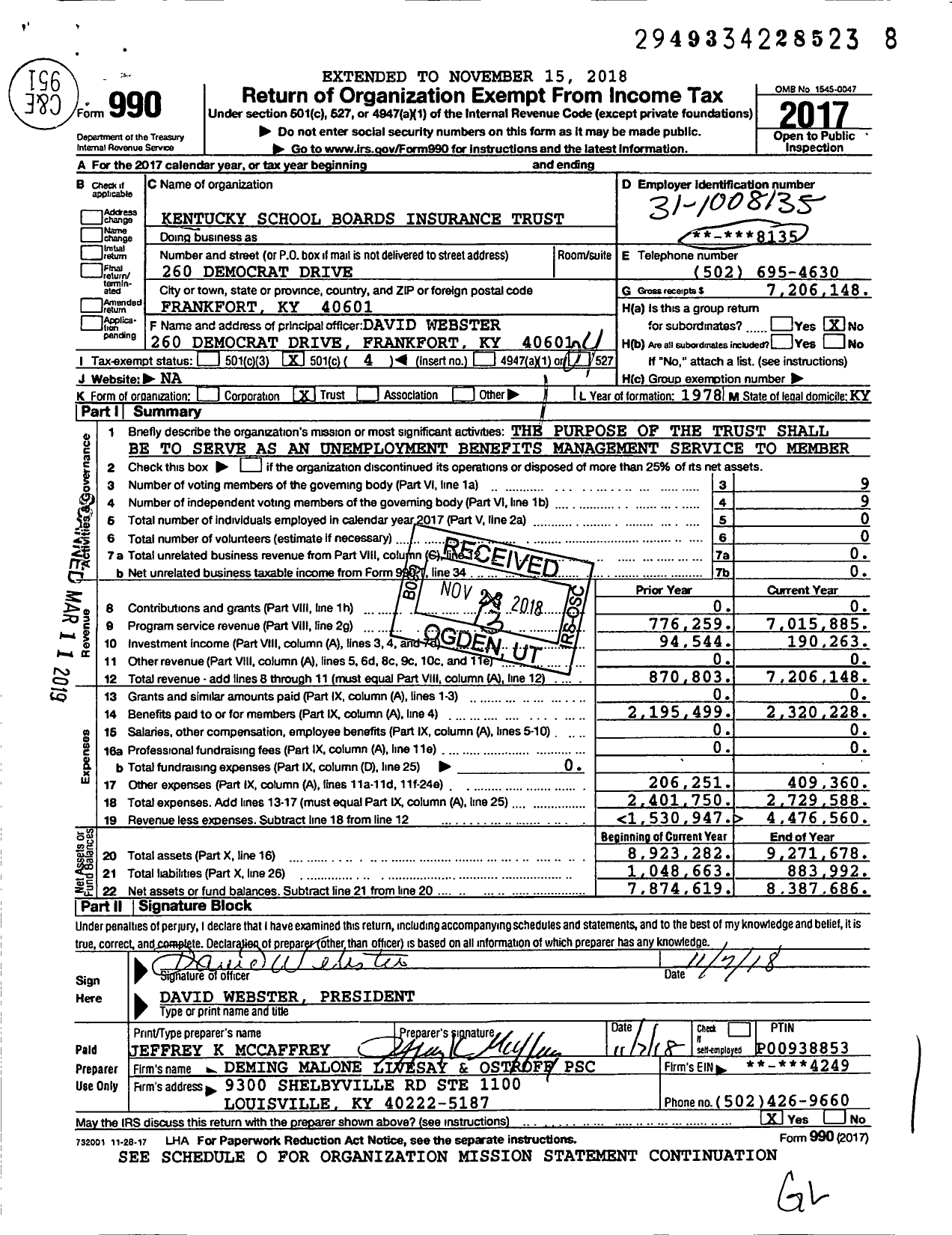 Image of first page of 2017 Form 990O for Kentucky School Boards Insurance Trust