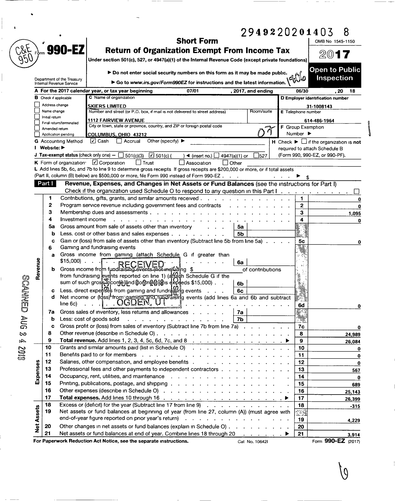 Image of first page of 2017 Form 990EO for Skiers Limited