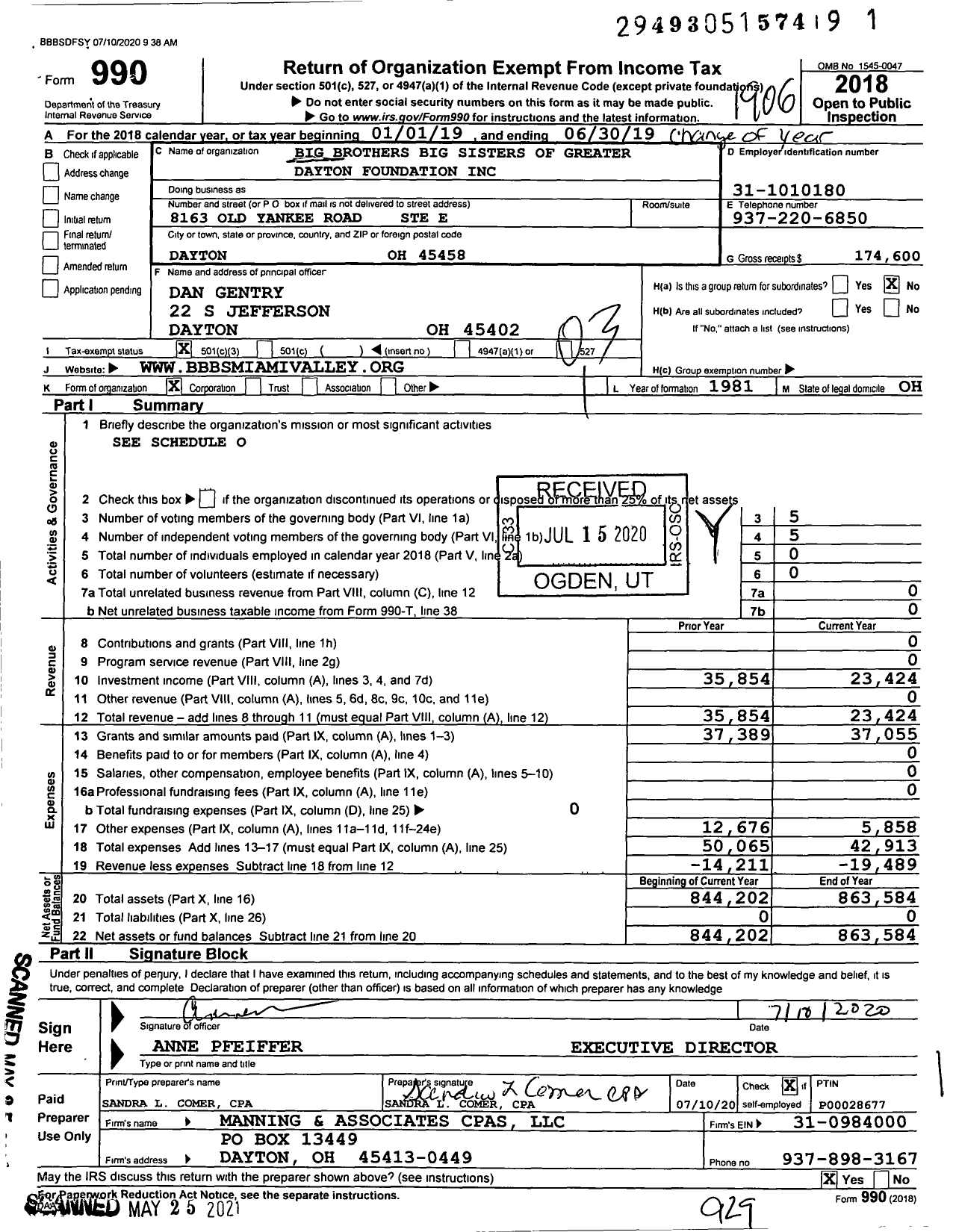 Image of first page of 2018 Form 990 for Big Brothers Big Sisters of Greater Dayton Foundation