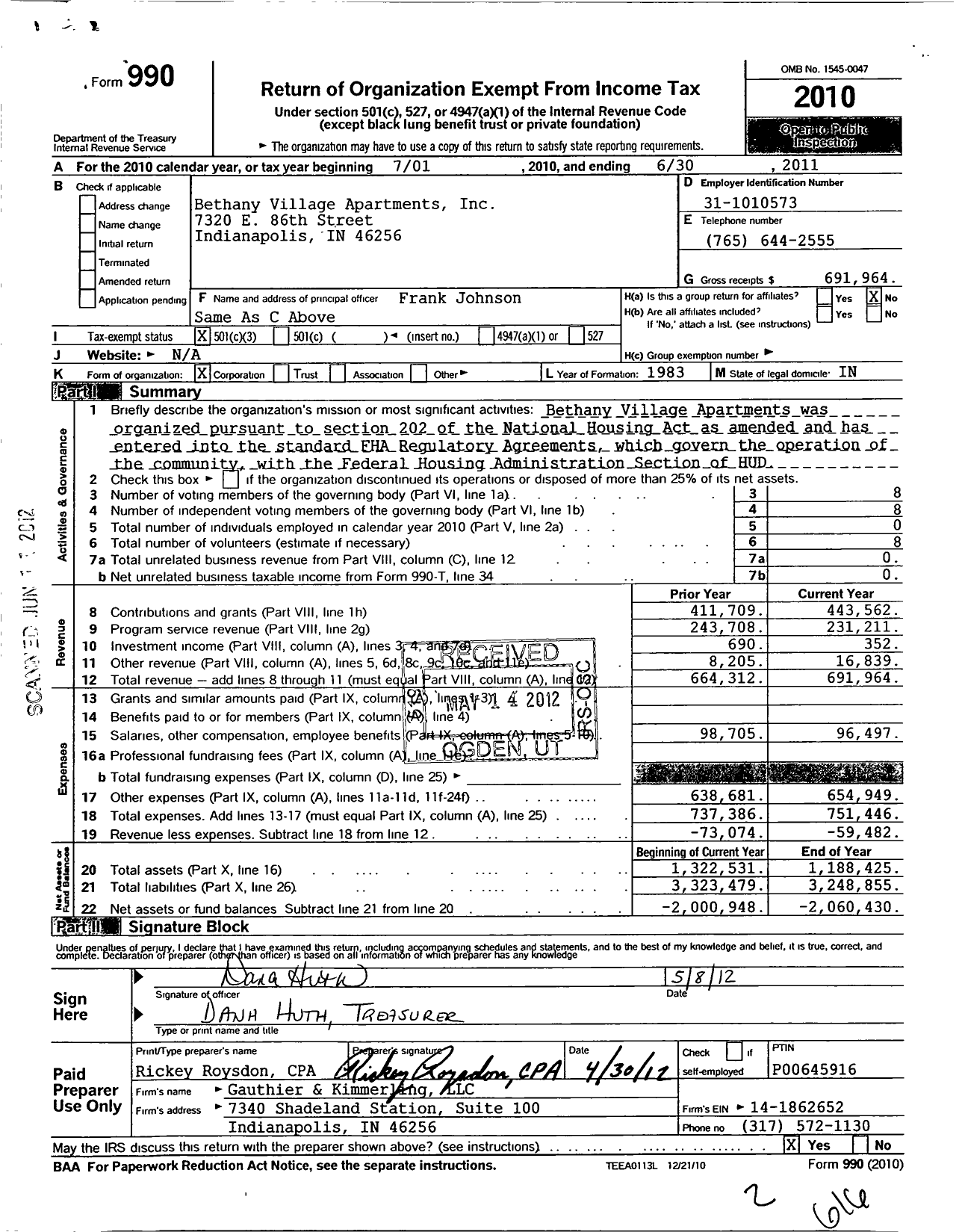 Image of first page of 2010 Form 990 for Bethany Village Apartments