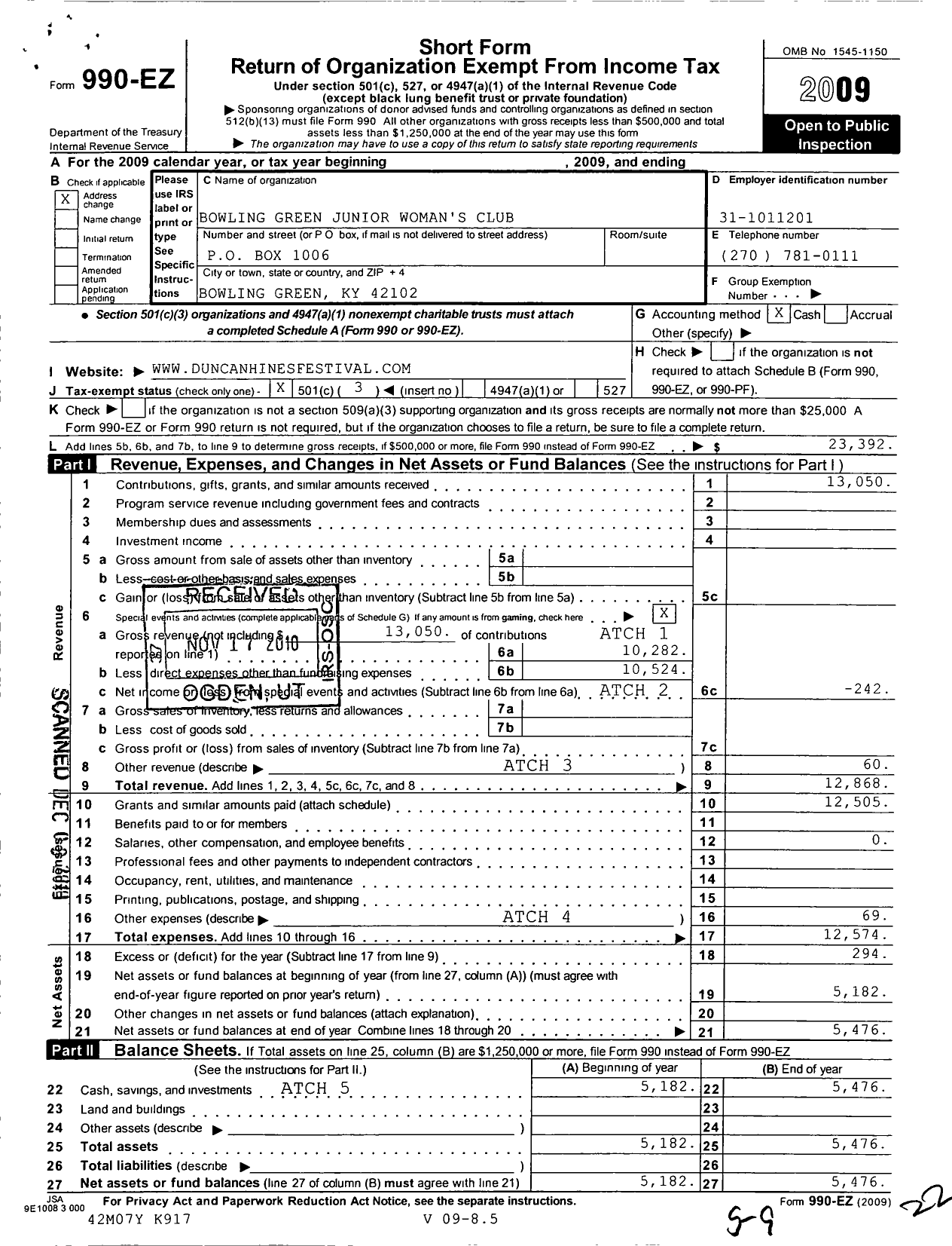 Image of first page of 2009 Form 990EZ for Bowling Green Junior Womens Club