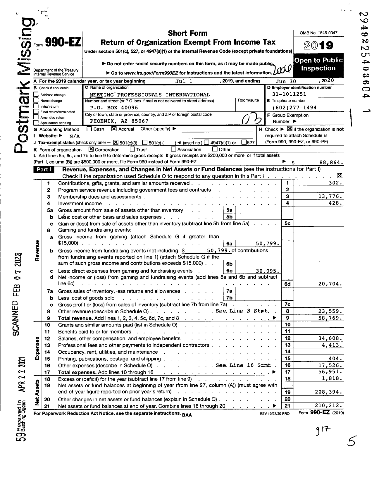 Image of first page of 2019 Form 990EZ for Meeting Professionals International / Arizona Sunbelt