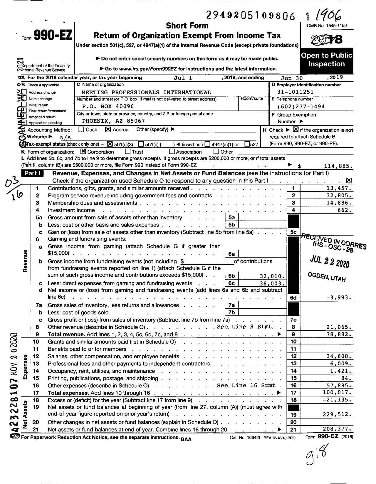 Image of first page of 2018 Form 990EZ for Meeting Professionals International / Arizona Sunbelt
