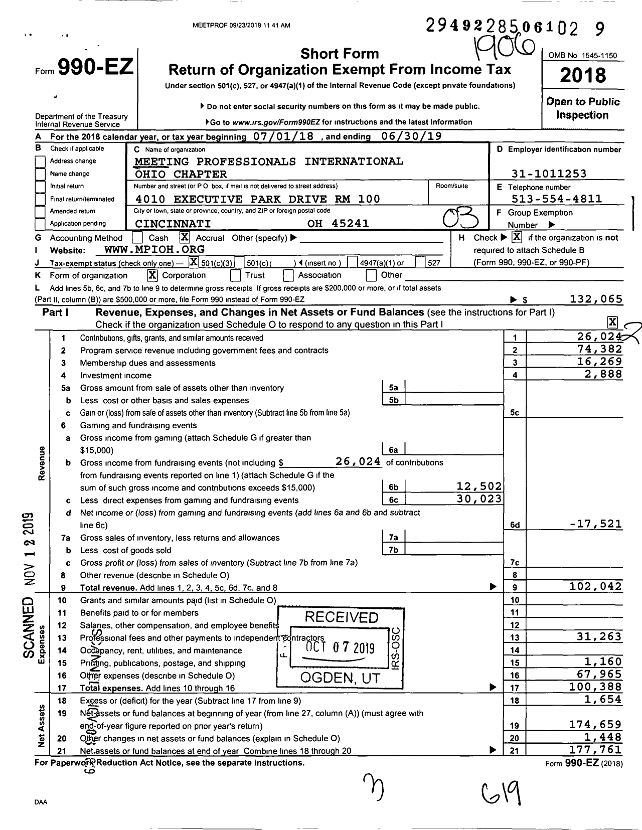 Image of first page of 2018 Form 990EZ for Meeting Professionals International Ohio Chapter