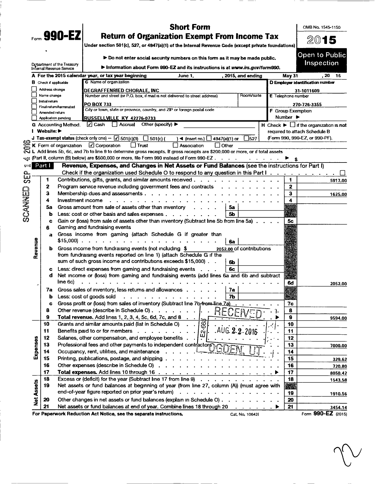 Image of first page of 2015 Form 990EZ for Degraffenried Chorale