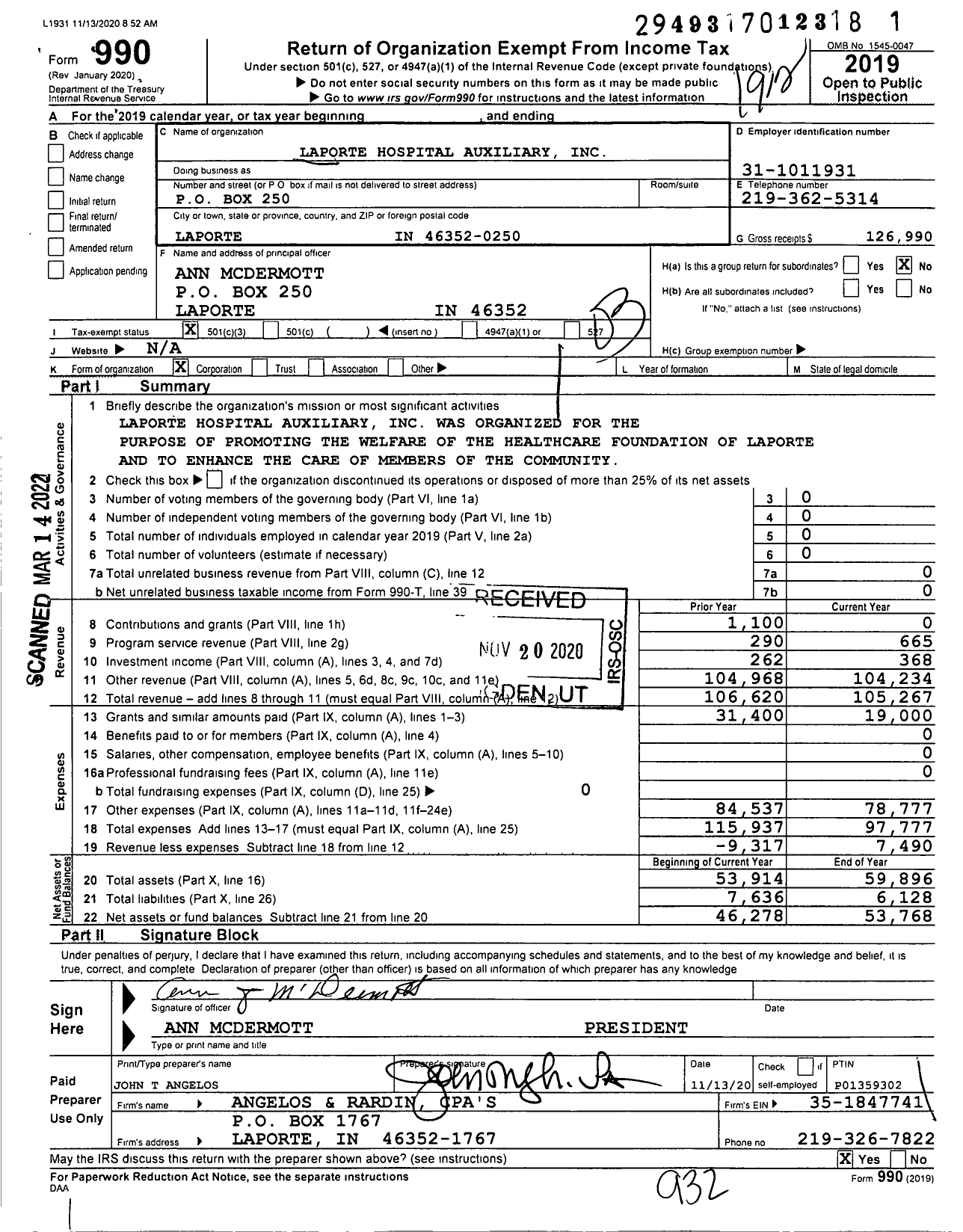 Image of first page of 2019 Form 990 for Laporte Hospital Auxiliary