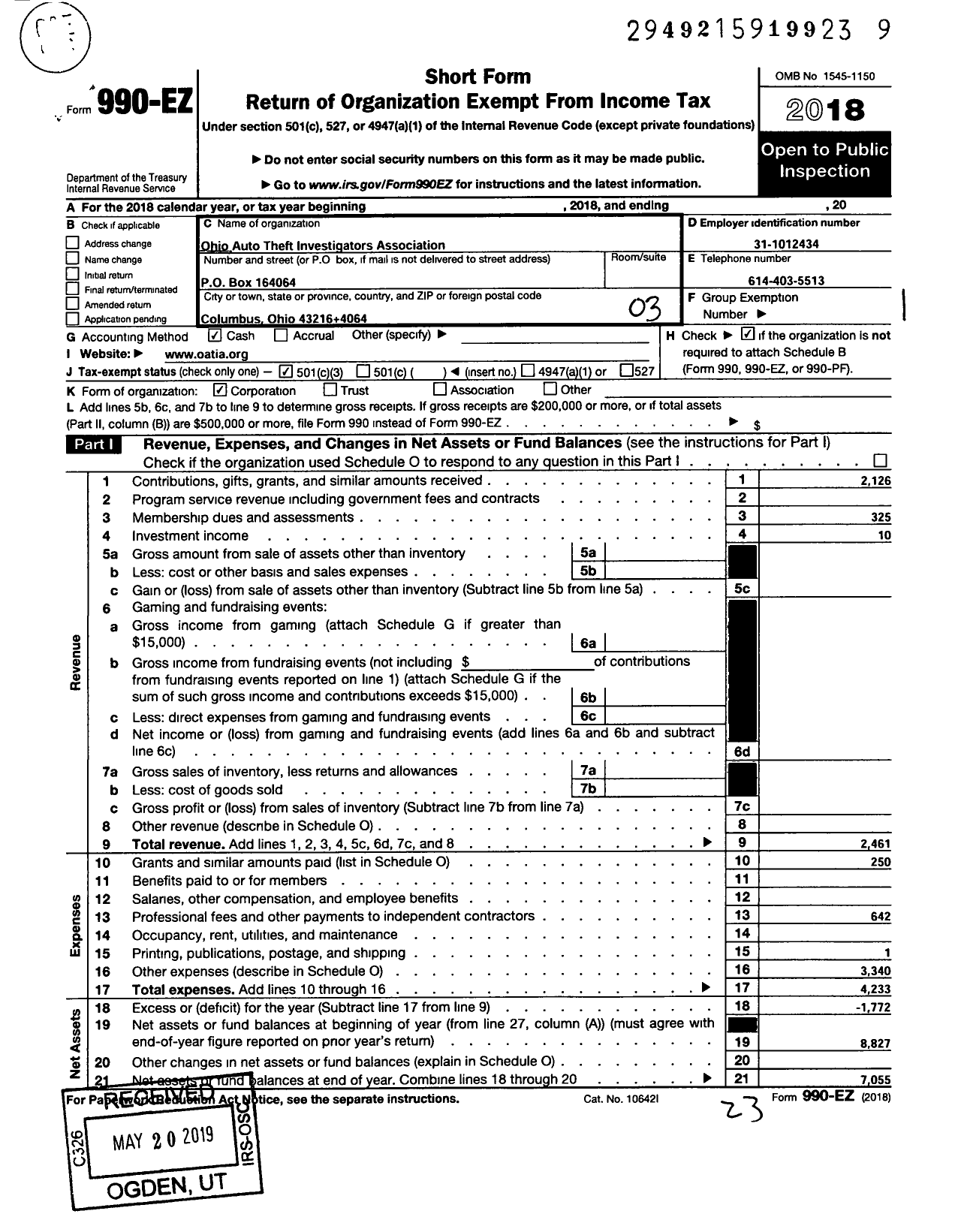 Image of first page of 2018 Form 990EZ for Ohio Auto Theft Investigators Association