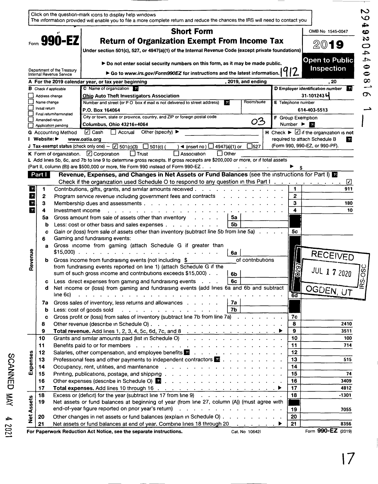 Image of first page of 2019 Form 990EZ for Ohio Auto Theft Investigators Association