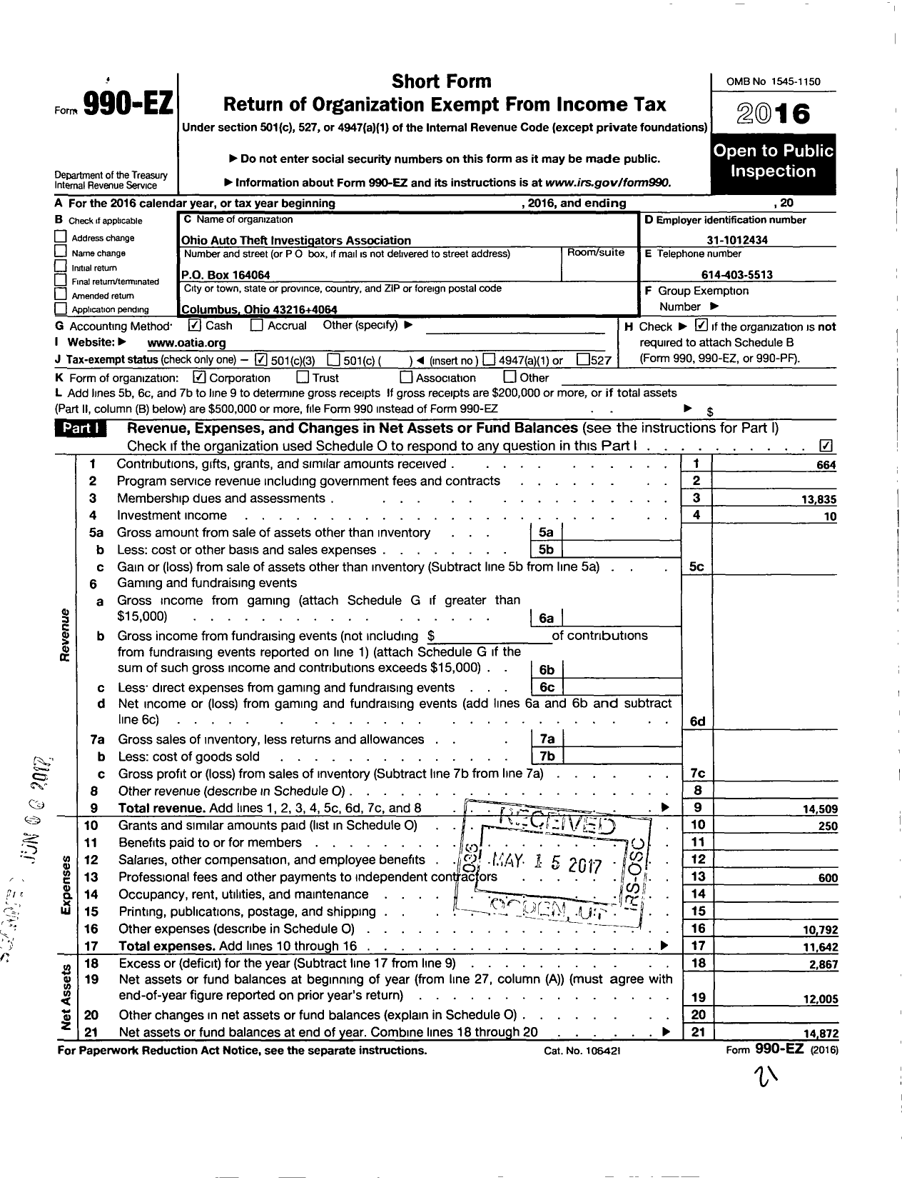 Image of first page of 2016 Form 990EZ for Ohio Auto Theft Investigators Association