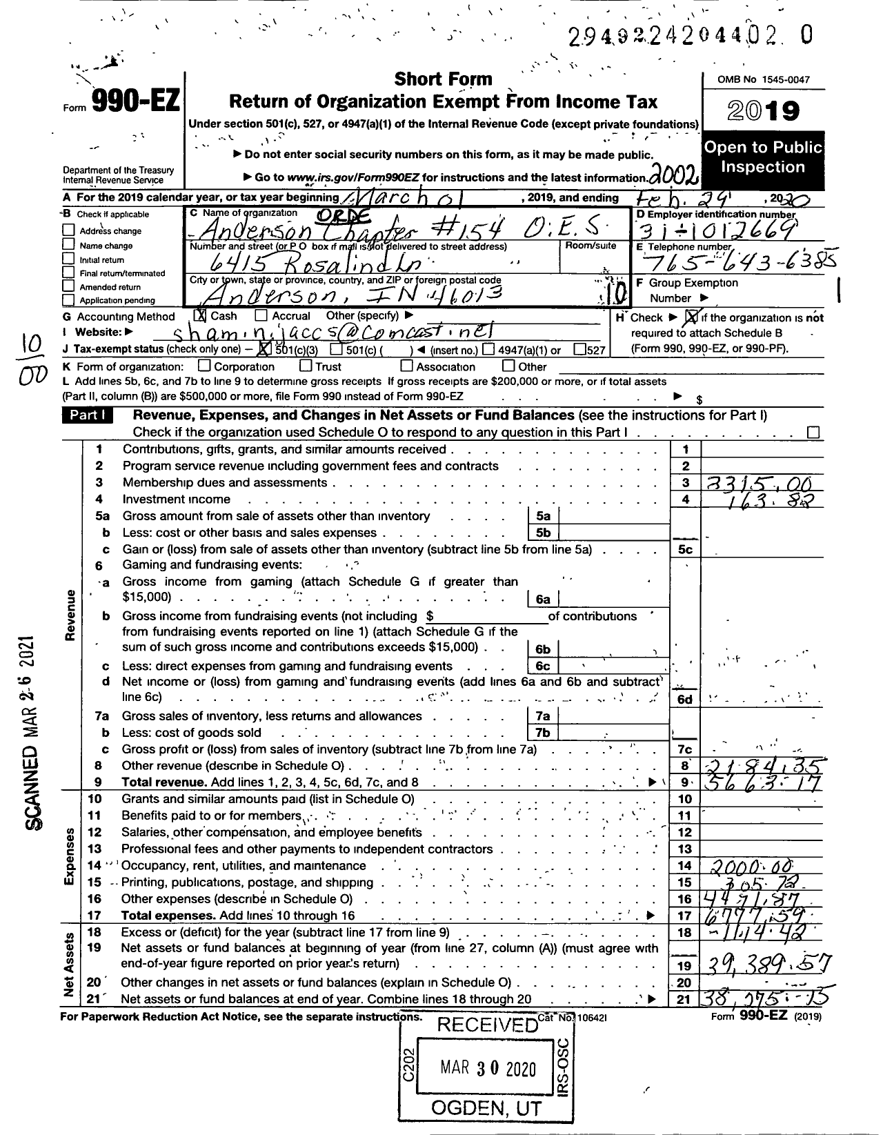 Image of first page of 2019 Form 990EO for Order of Eastern Star of Indiana - 154 Anderson Chapter