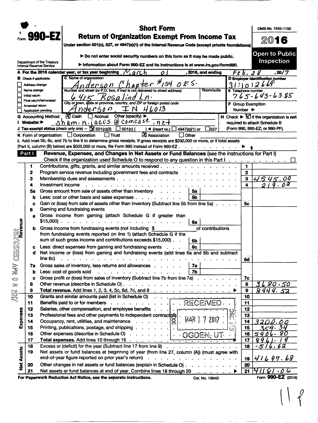 Image of first page of 2016 Form 990EZ for Order of Eastern Star of Indiana - 154 Anderson Chapter