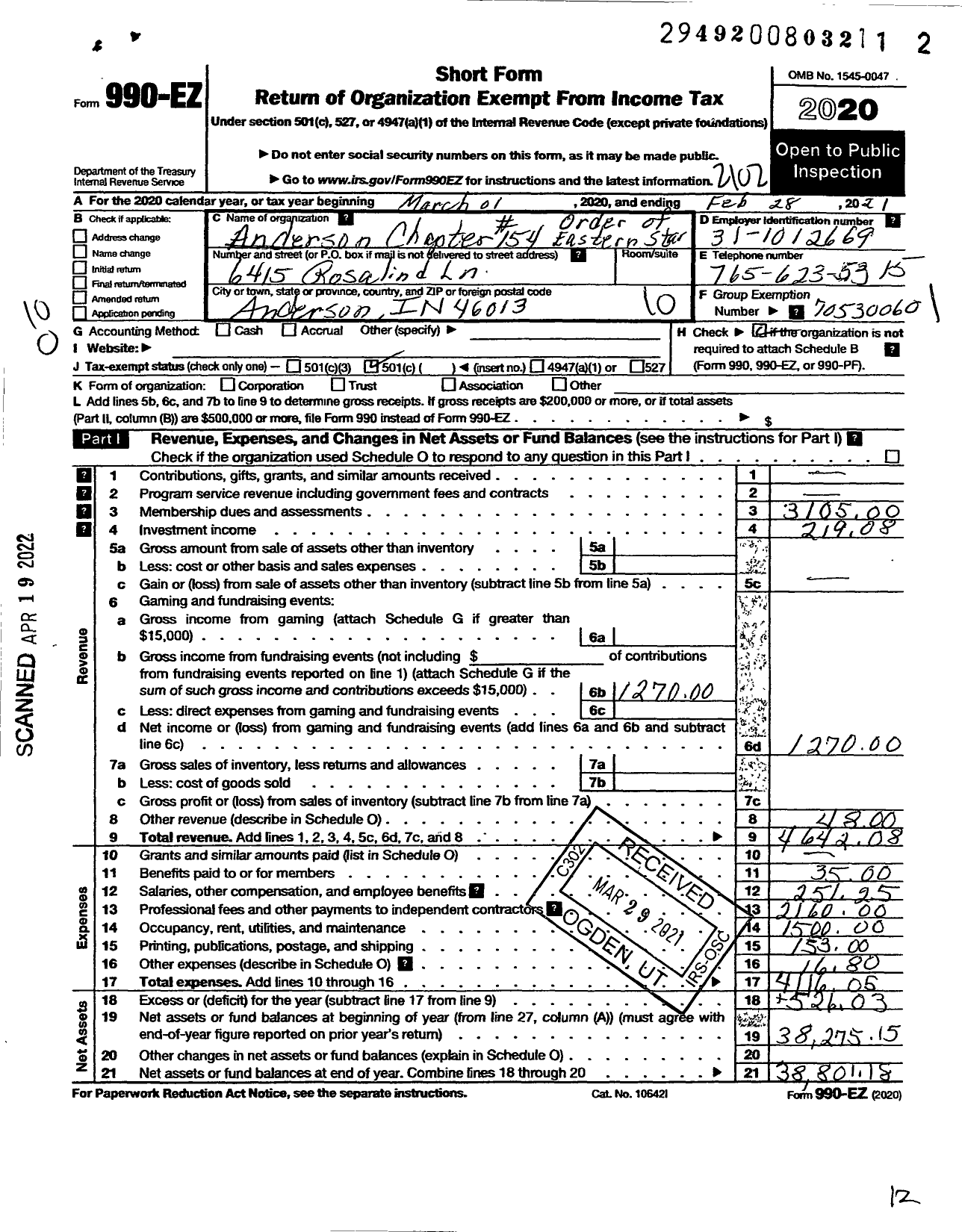 Image of first page of 2020 Form 990EO for Order of Eastern Star of Indiana - 154 Anderson Chapter