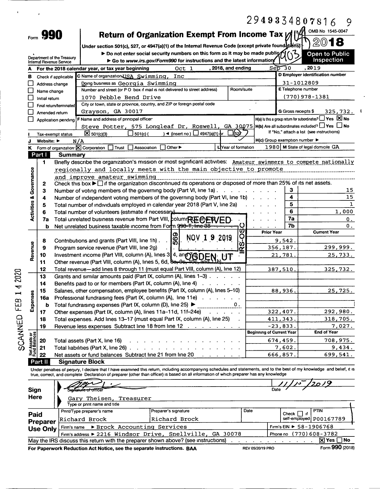 Image of first page of 2018 Form 990 for USA Swimming