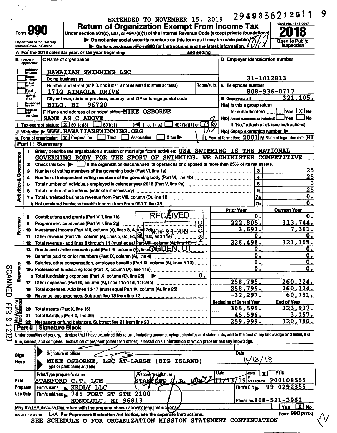 Image of first page of 2018 Form 990 for USA Swimming Hawaiian Swimming LSC