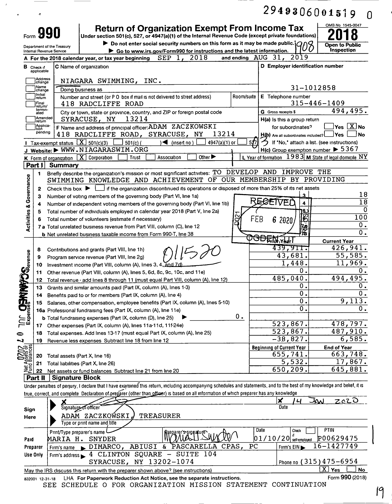 Image of first page of 2018 Form 990 for Niagara Swimming