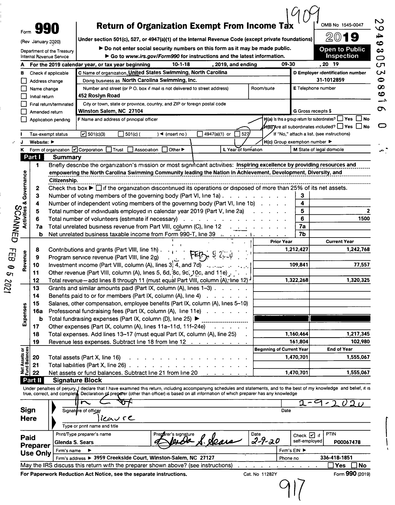 Image of first page of 2018 Form 990 for United States Swimming North Carolina