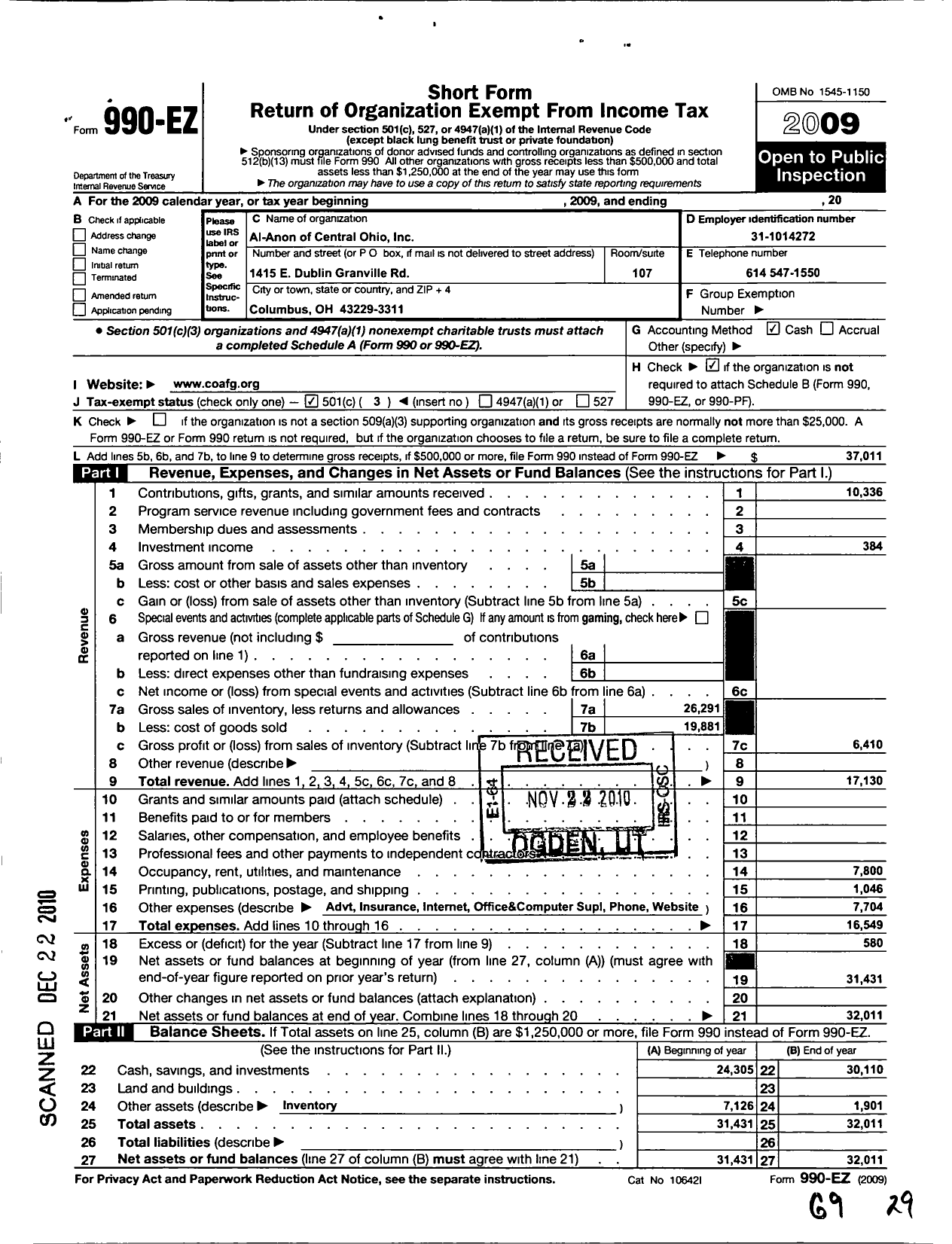 Image of first page of 2009 Form 990EZ for Al-Anon of Central Ohio