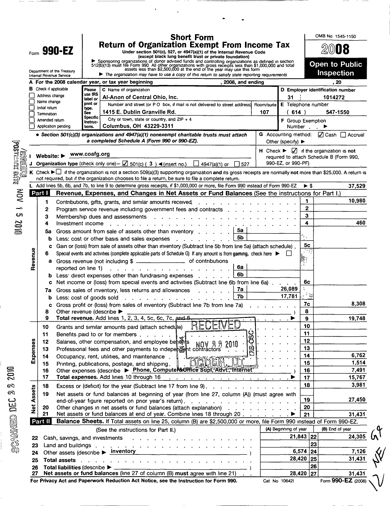 Image of first page of 2008 Form 990EZ for Al-Anon of Central Ohio