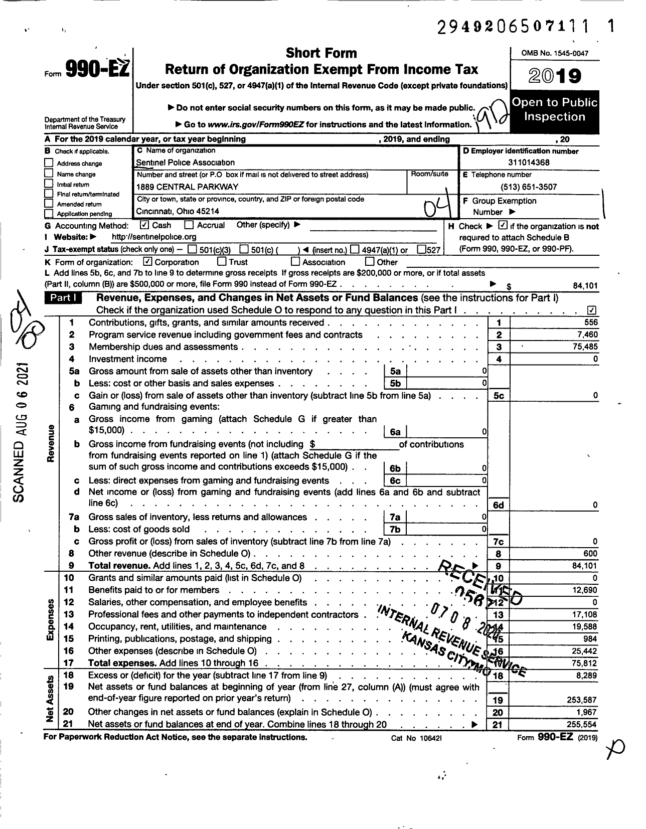 Image of first page of 2019 Form 990EO for Sentinel Police Association