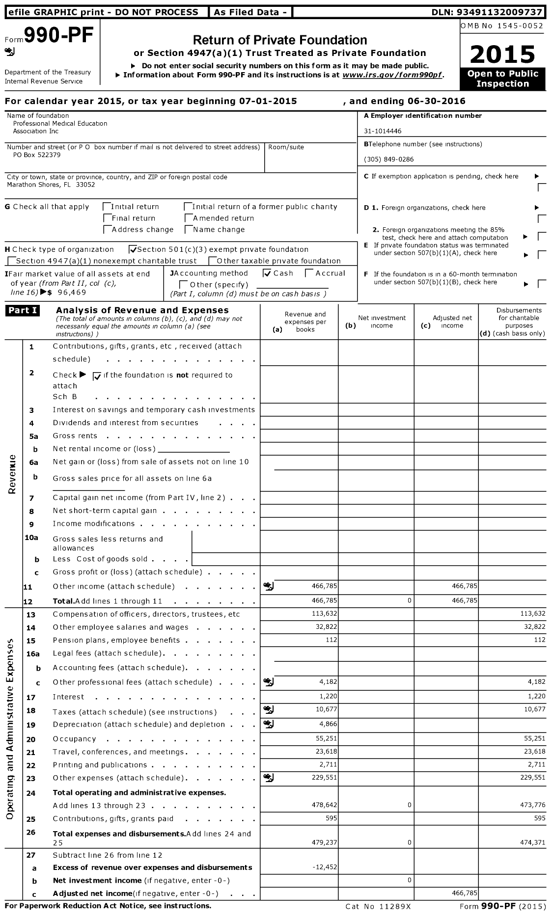 Image of first page of 2015 Form 990PF for Professional Medical Education Association