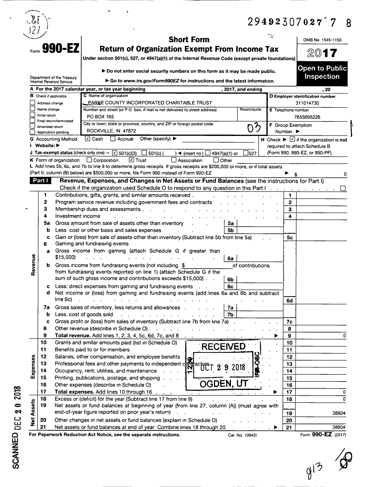 Image of first page of 2017 Form 990EZ for Parke County Incorporated Charitable Trust