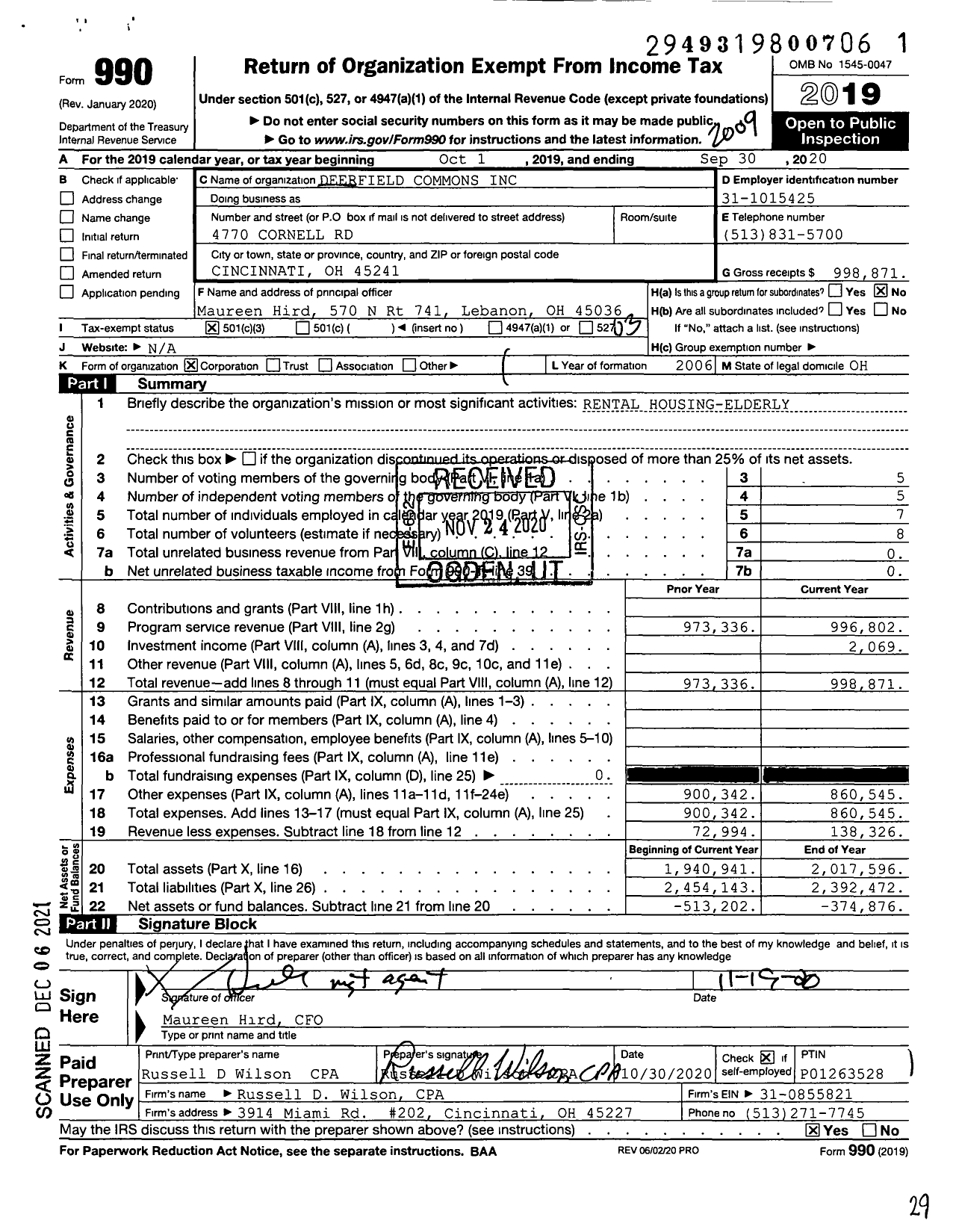 Image of first page of 2019 Form 990 for Deerfield Commons