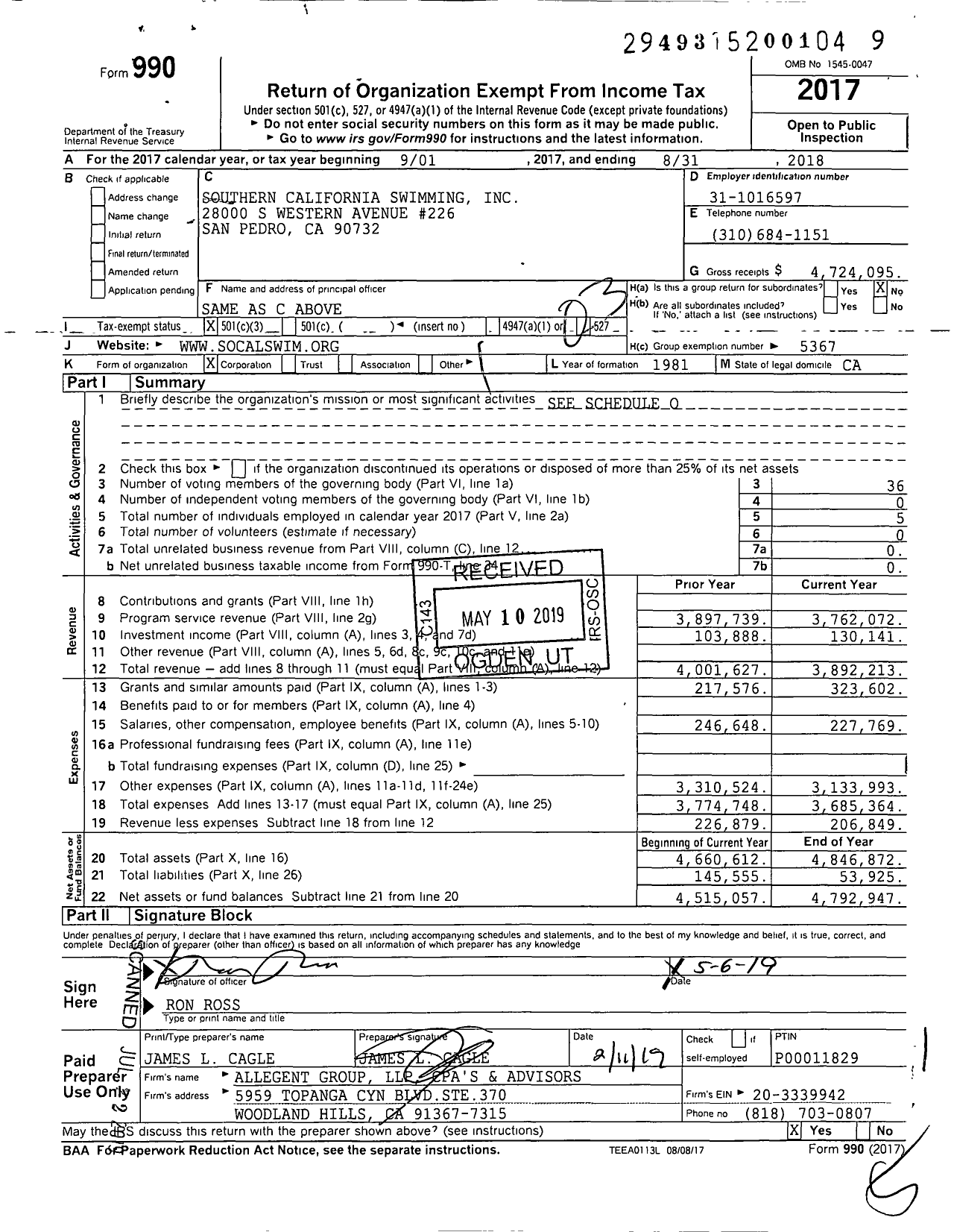 Image of first page of 2017 Form 990 for Southern California Swimming
