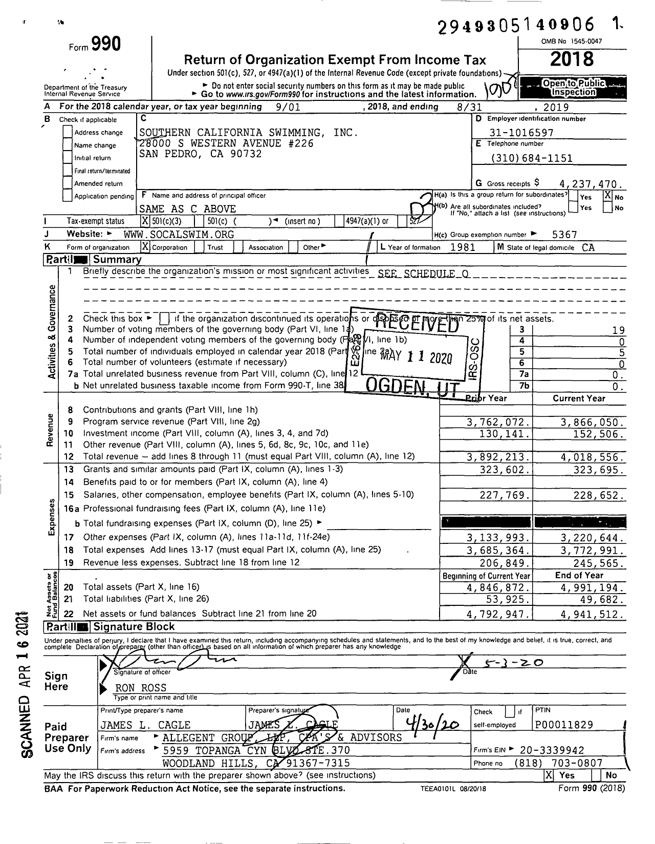 Image of first page of 2018 Form 990 for Southern California Swimming
