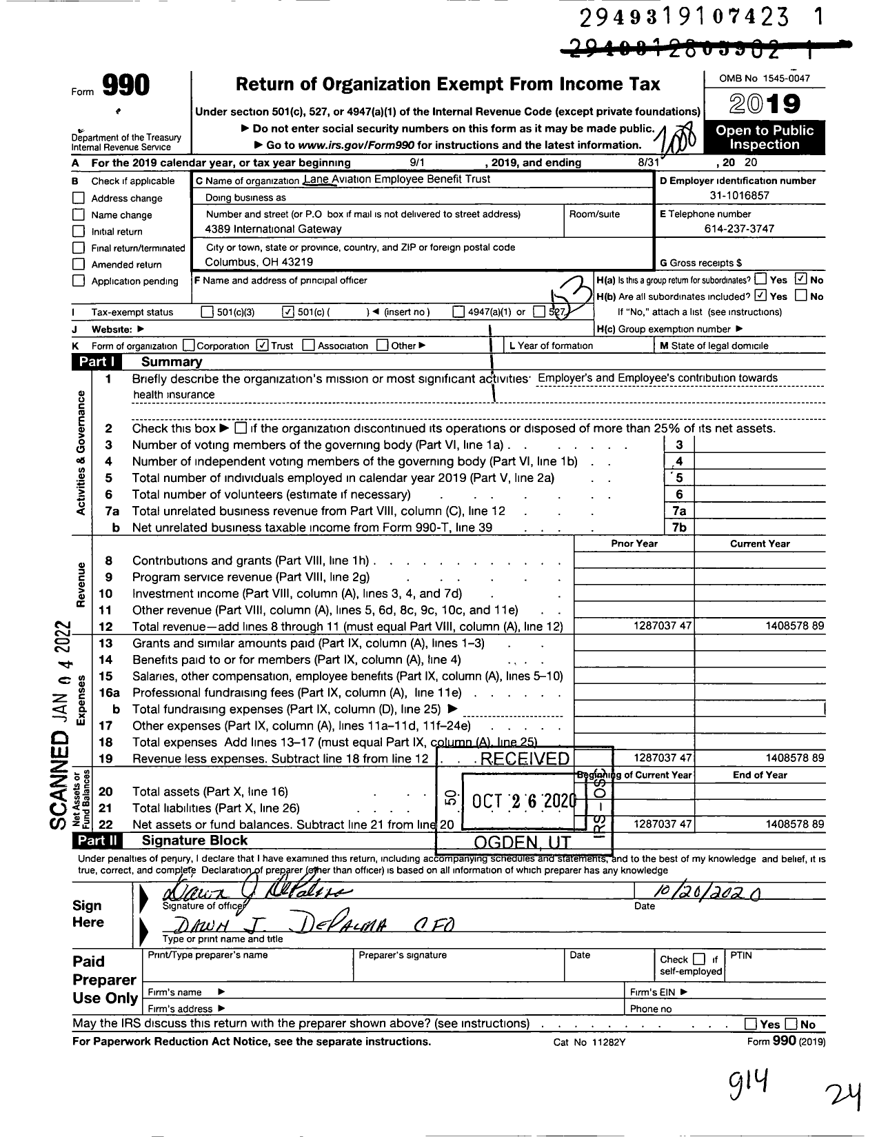 Image of first page of 2019 Form 990 for Lane Aviation Employee Benefit Trust