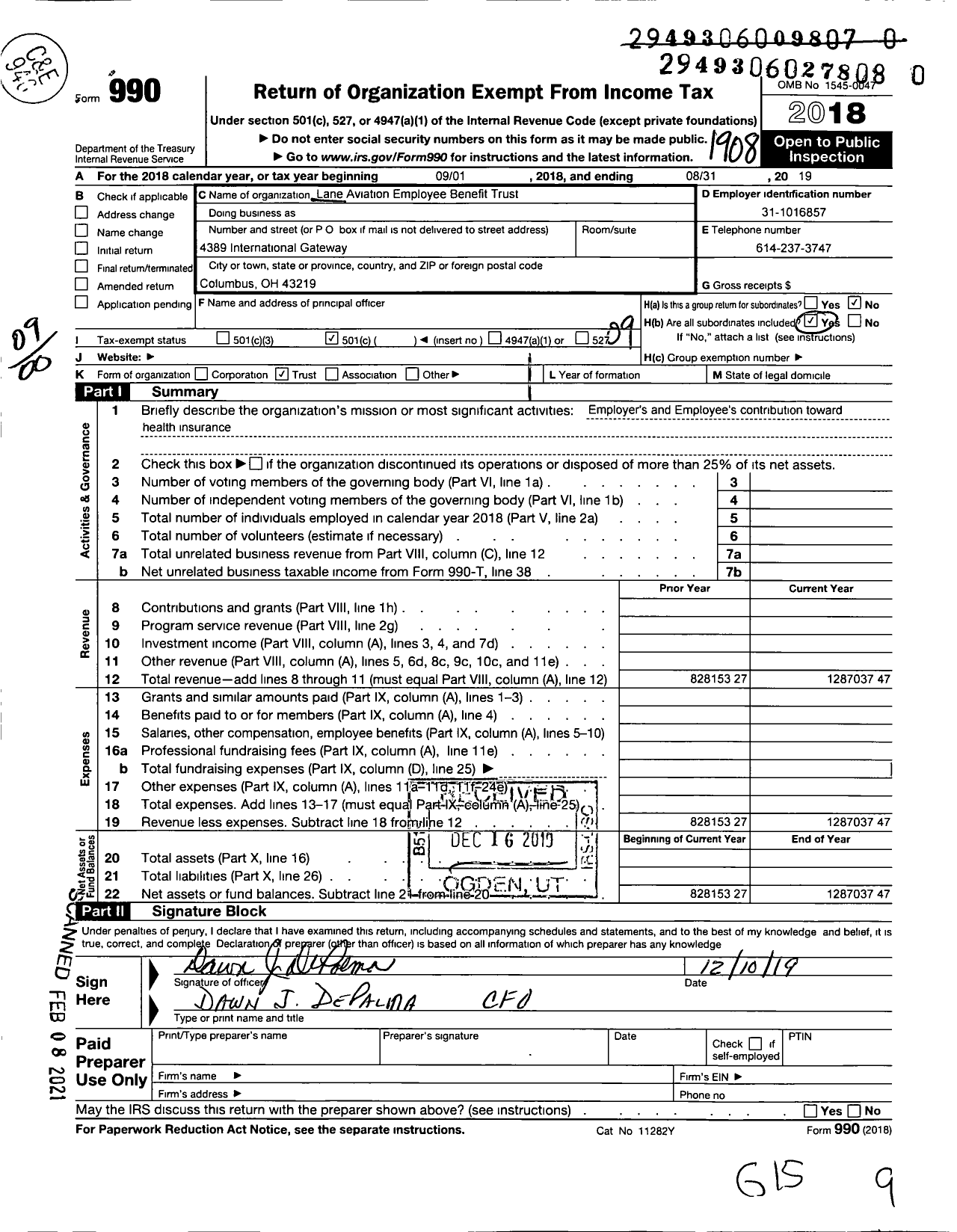 Image of first page of 2018 Form 990O for Lane Aviation Employee Benefit Trust