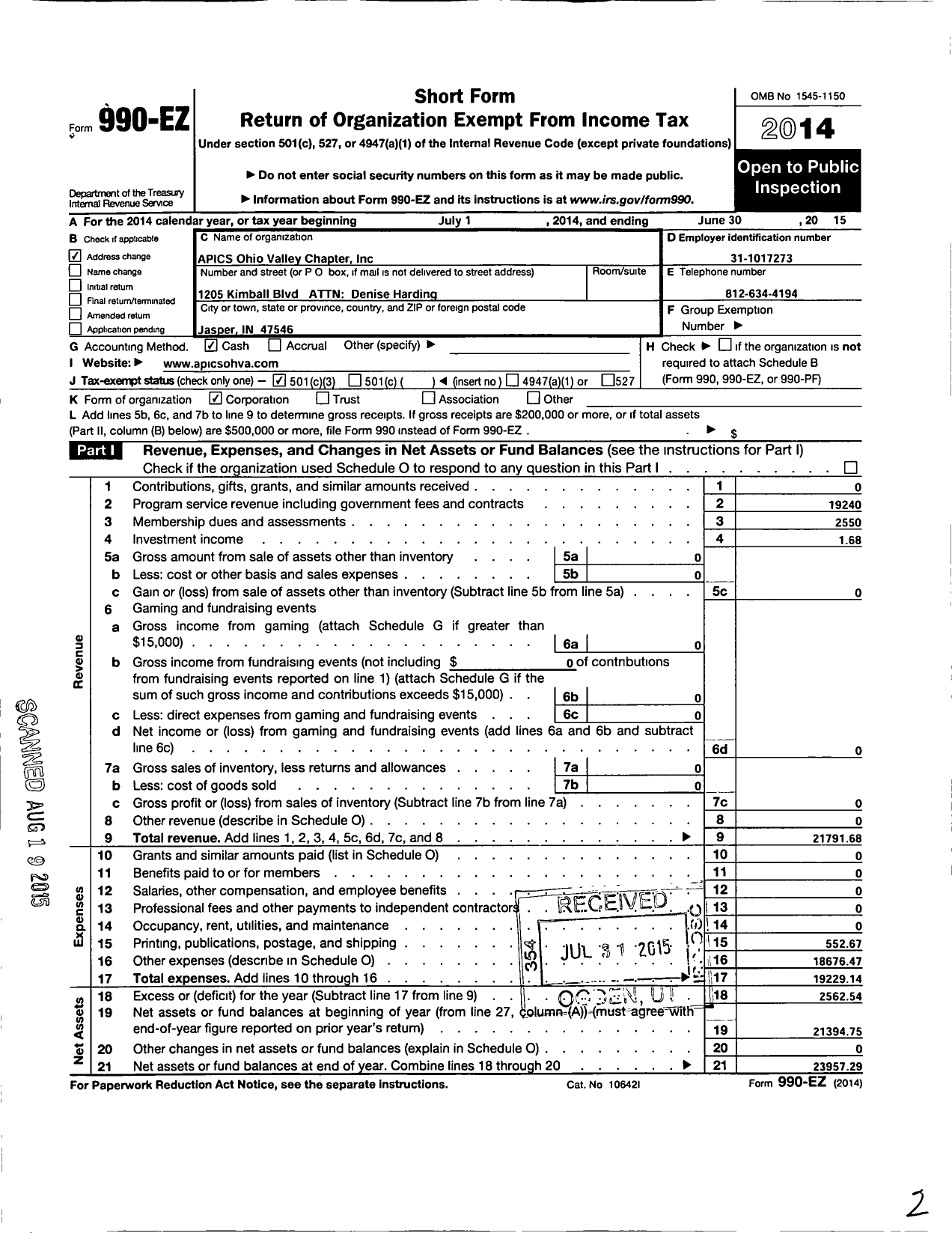 Image of first page of 2014 Form 990EZ for American Production and Inventory Control Ohva Chapter