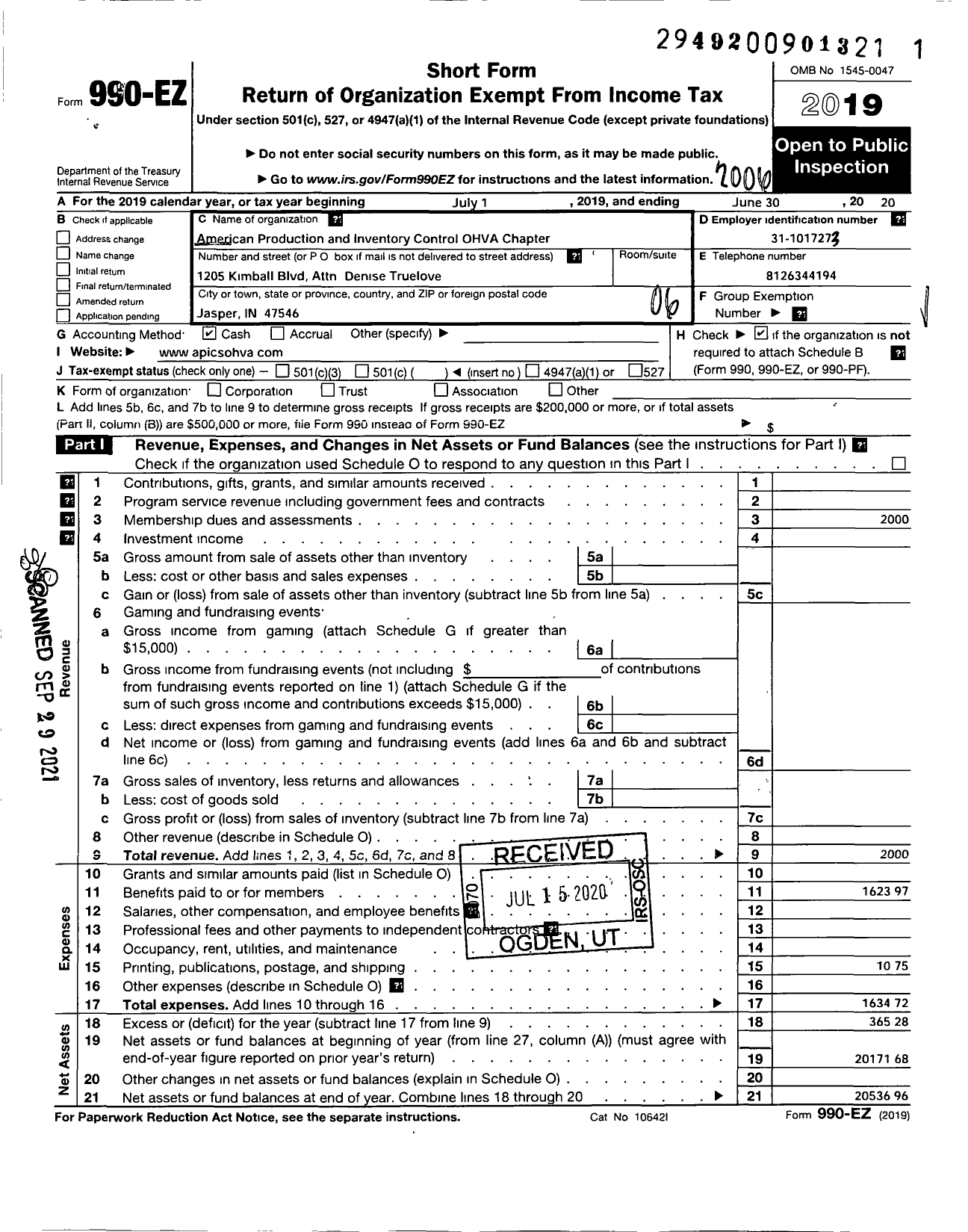 Image of first page of 2019 Form 990EO for American Production and Inventory Control Ohva Chapter