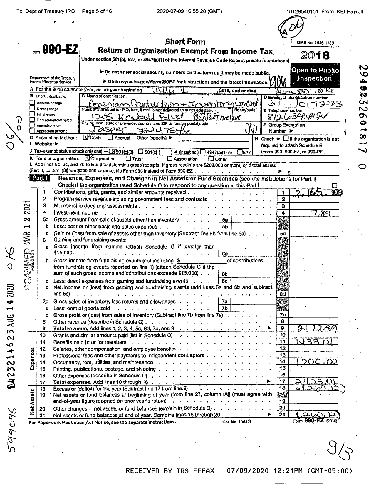 Image of first page of 2018 Form 990EO for American Production and Inventory Control Ohva Chapter