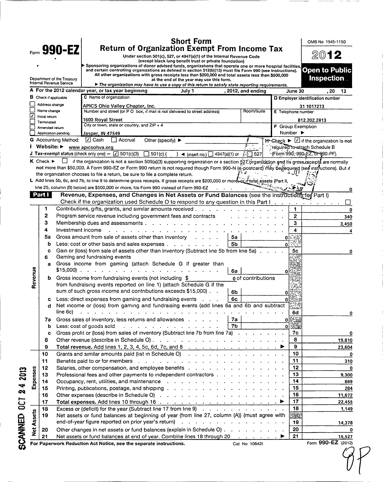 Image of first page of 2012 Form 990EZ for American Production and Inventory Control Ohva Chapter