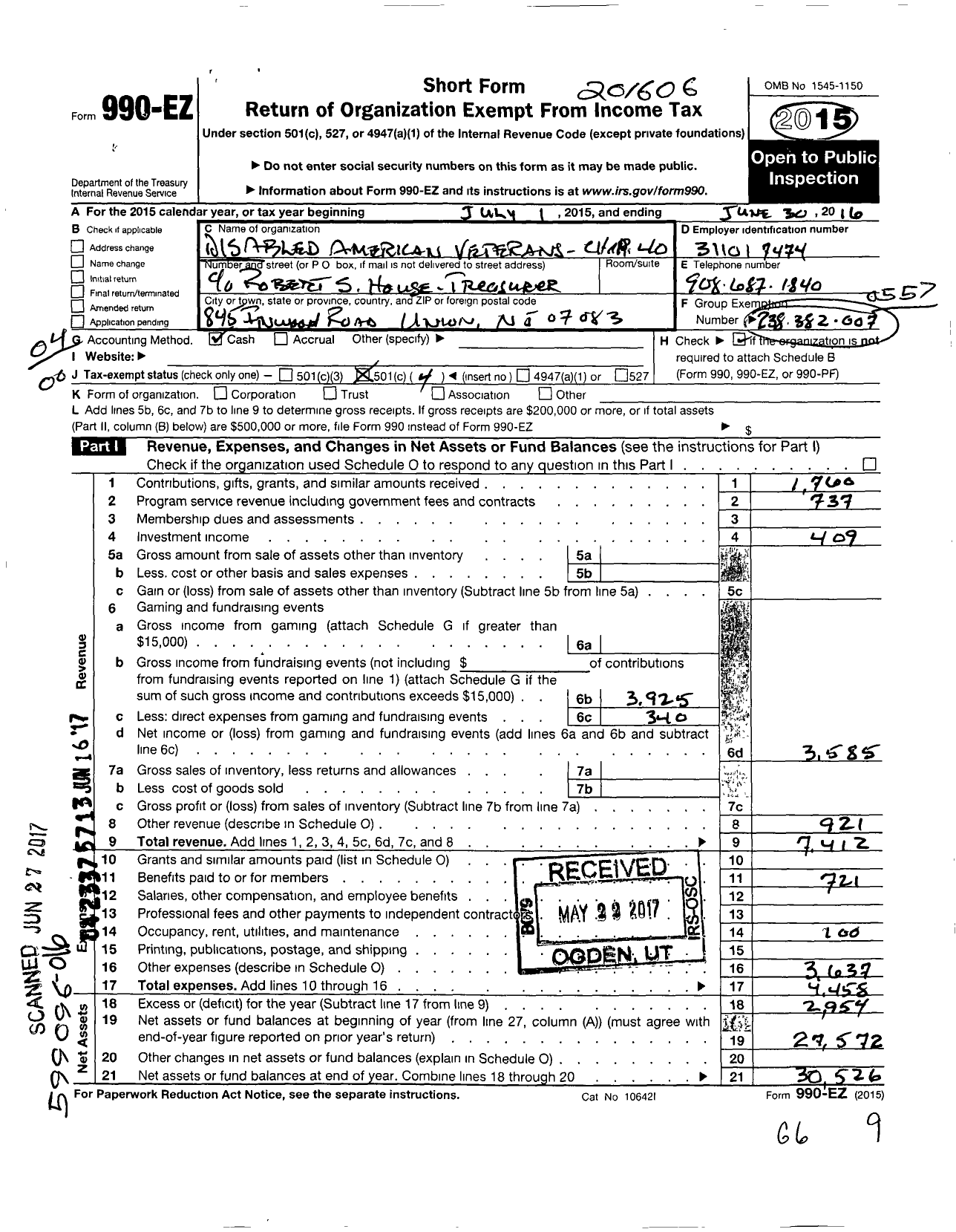 Image of first page of 2015 Form 990EO for Disabled American Veterans