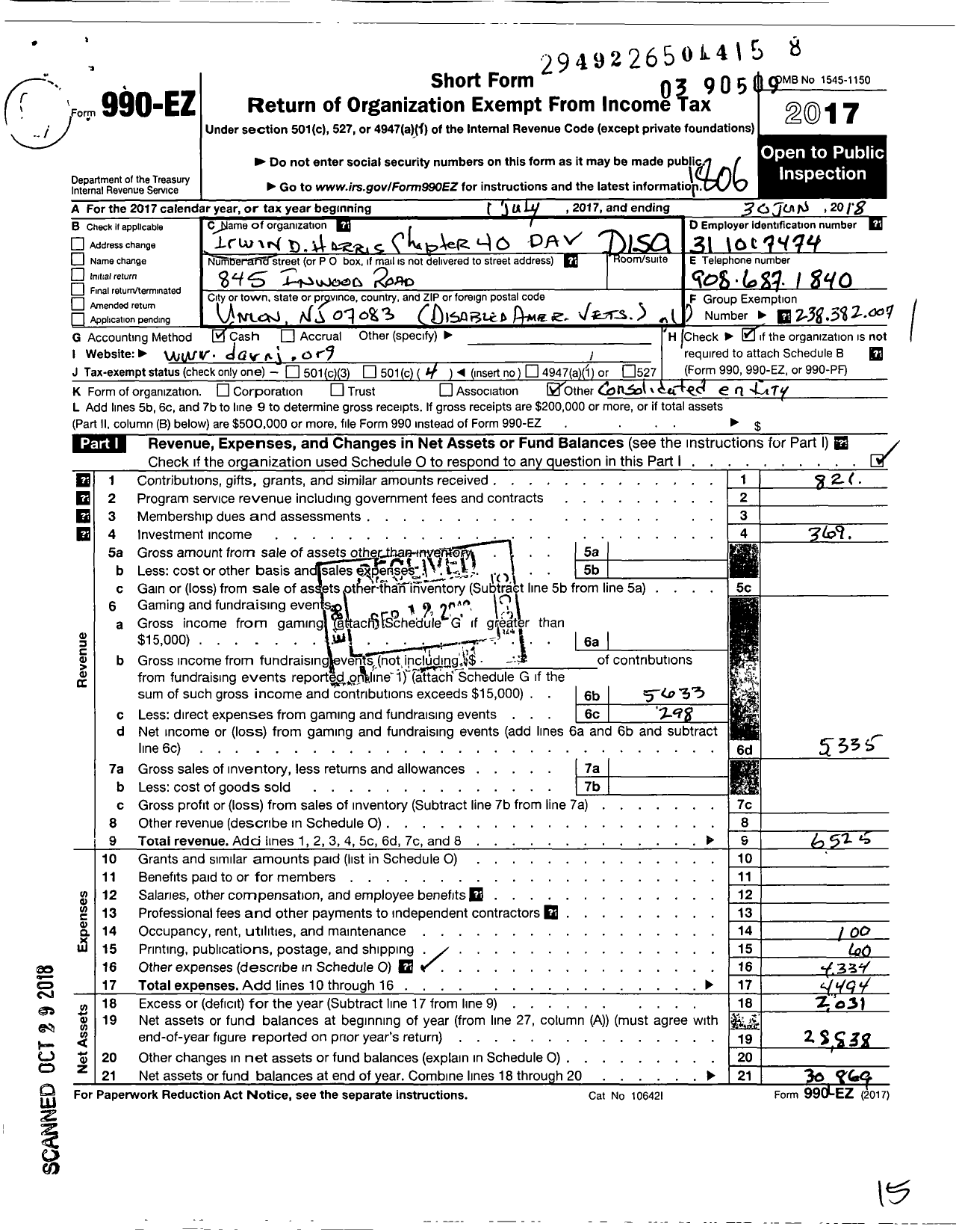 Image of first page of 2017 Form 990EO for Disabled American Veterans